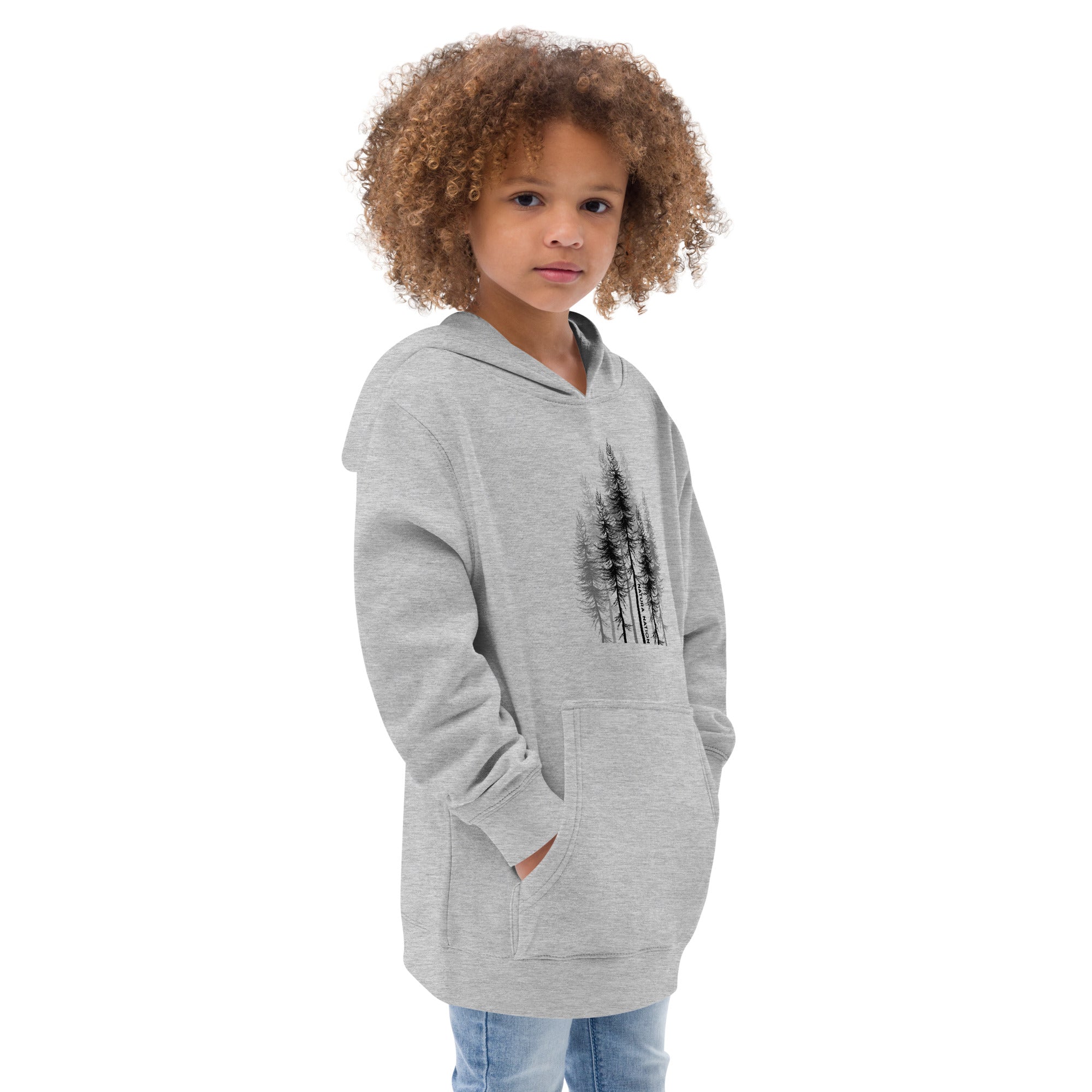 Kids graphic tree hoodie with a forest print, front view for teens and youth.