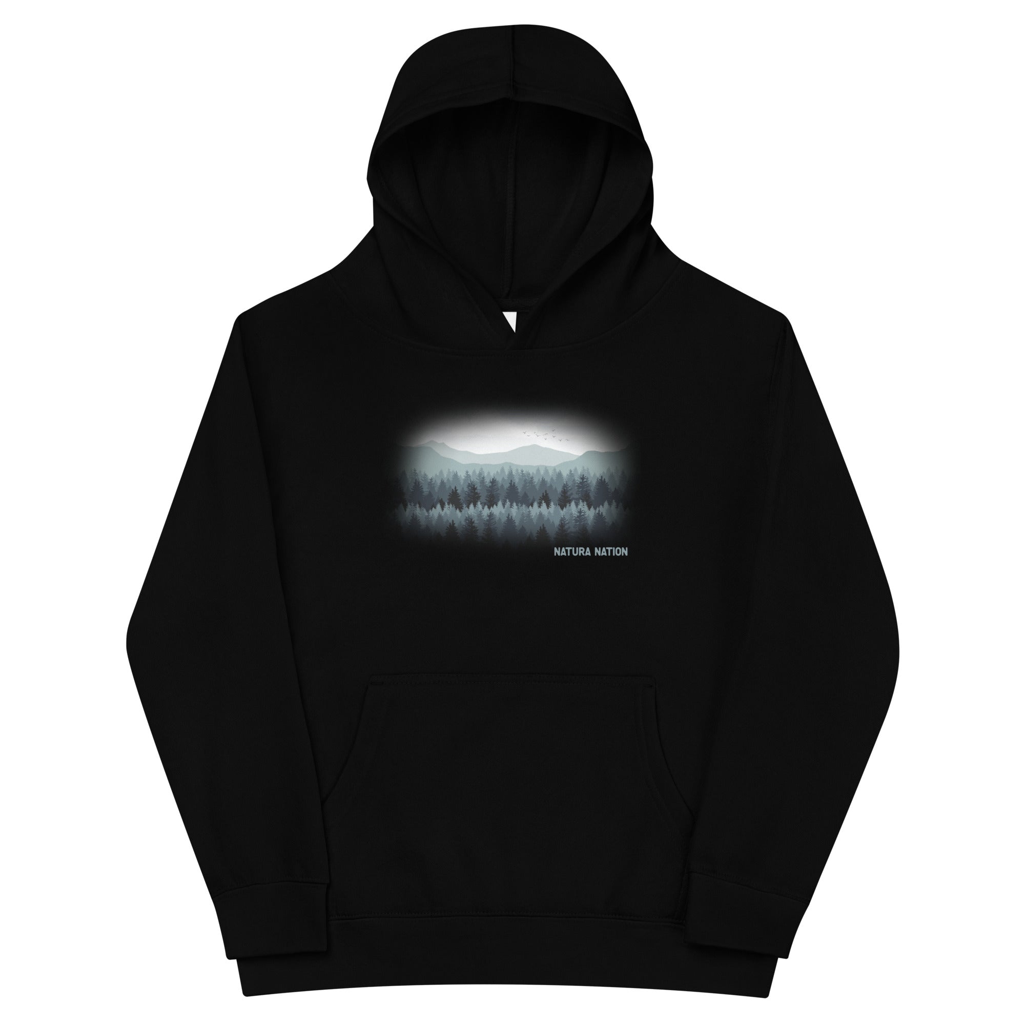 A black pullover hoodie with a central graphic print of a misty mountain and pine forest scene, featuring the text 'NATURA NATION' below the graphic, shown on a plain white background. Kids forest and mountain pullover hoodie with a nature print, front view for young explorers.