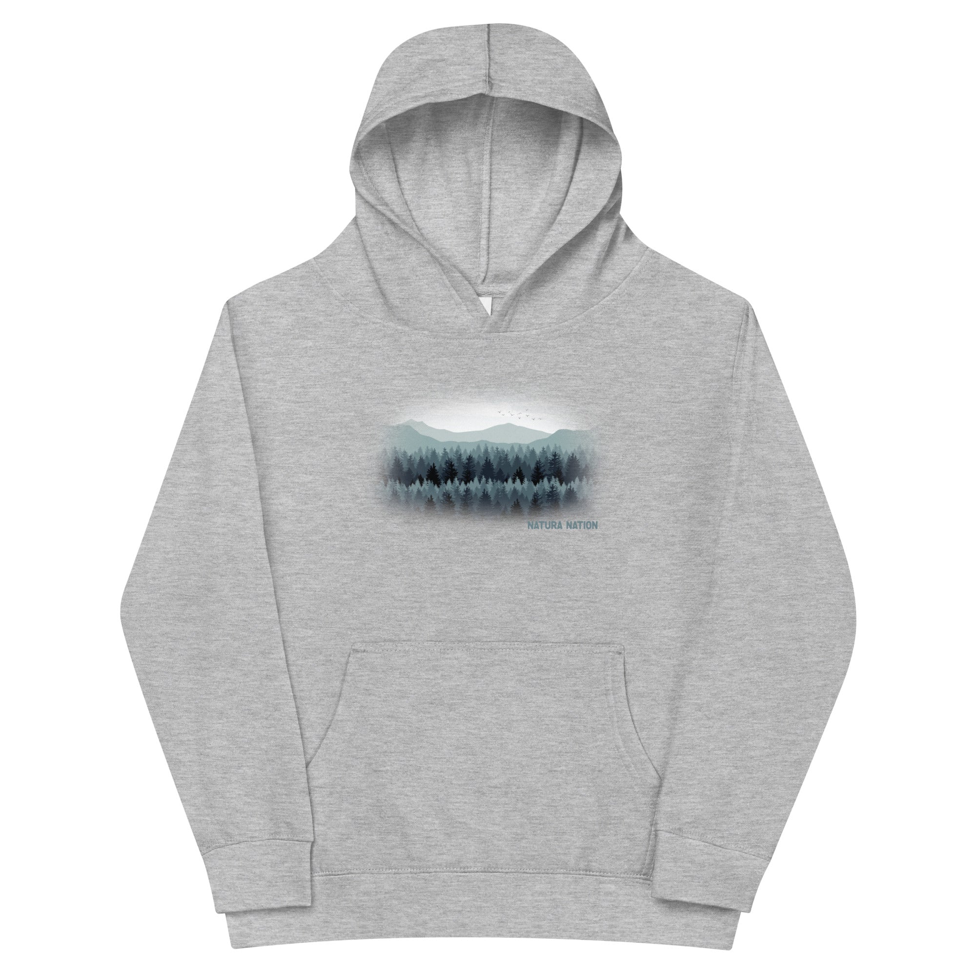 Youth graphic nature hoodie with pines and peaks for teens and youth who love hiking.
