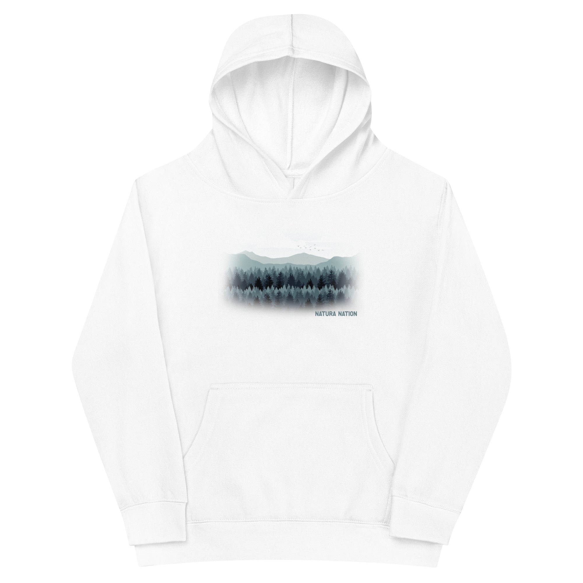 Youth mountain hoodie with a pine and summit graphic for kids who love trees and peaks.