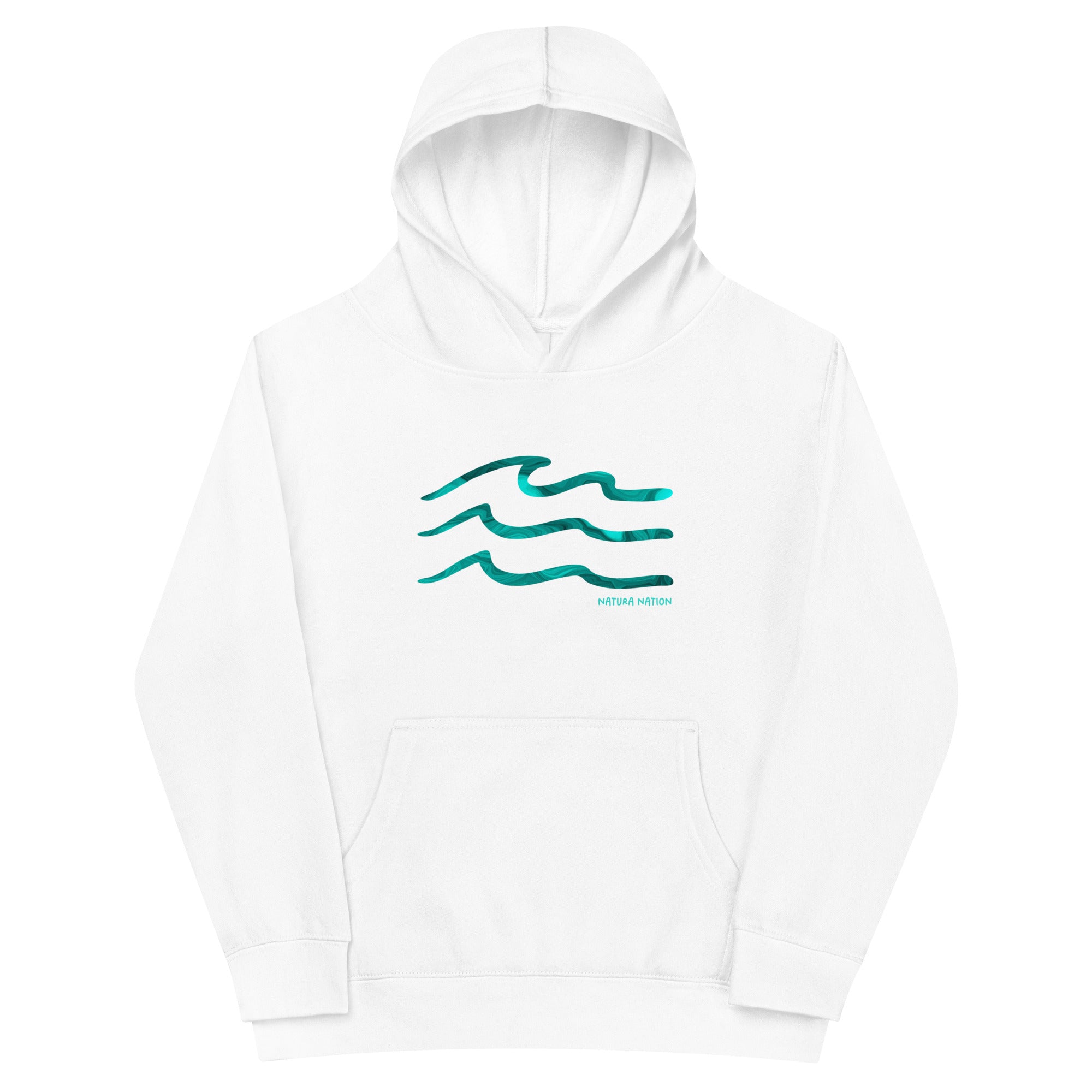 Kids graphic wave hoodie with a serene sea print for teens and youth beach lovers. A white pullover youth hoodie with a teal watercolor-style wave graphic and the text 'NATURA NATION' printed on the chest, displayed against a solid white background.