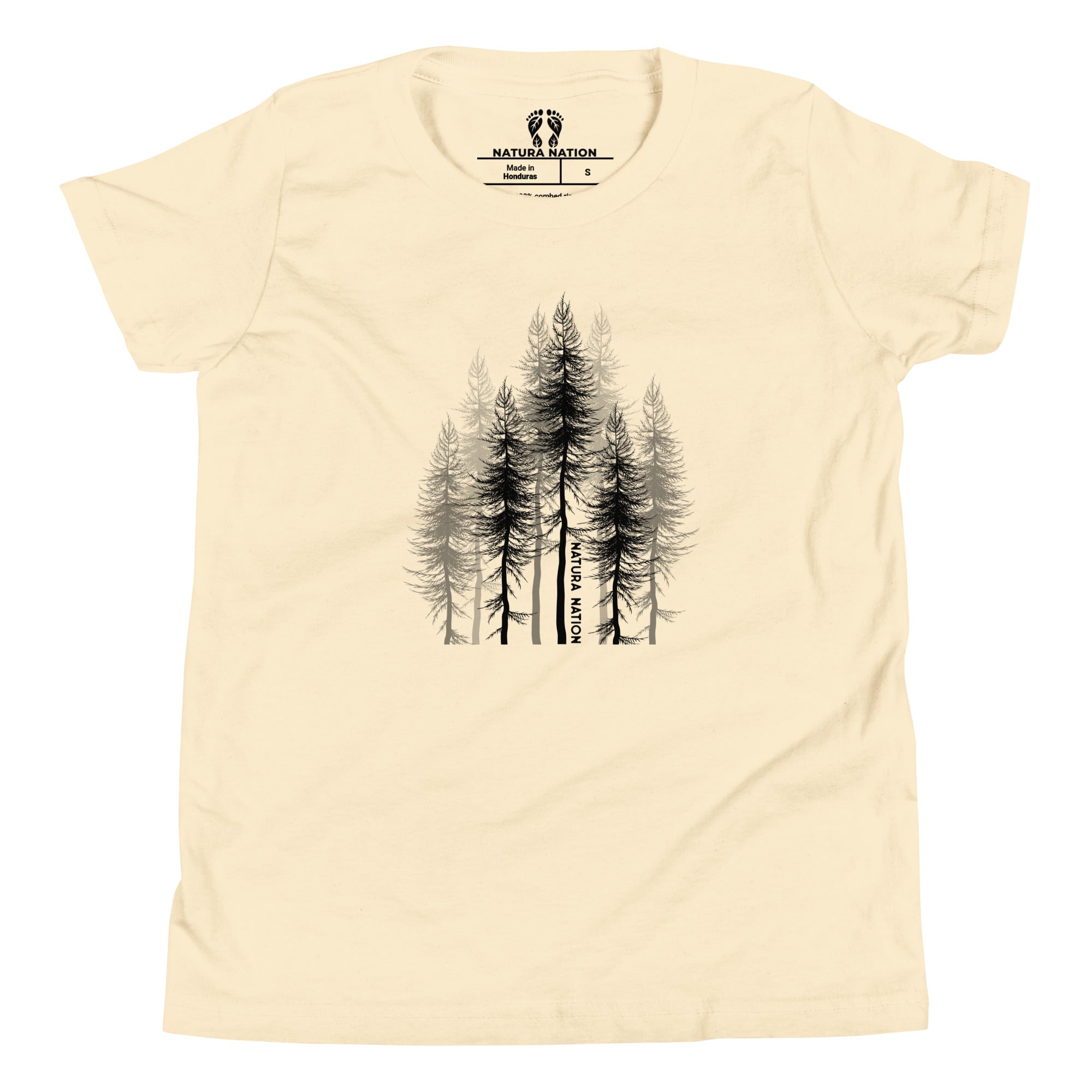 Youth cotton t-shirt with a minimalist pine forest print.