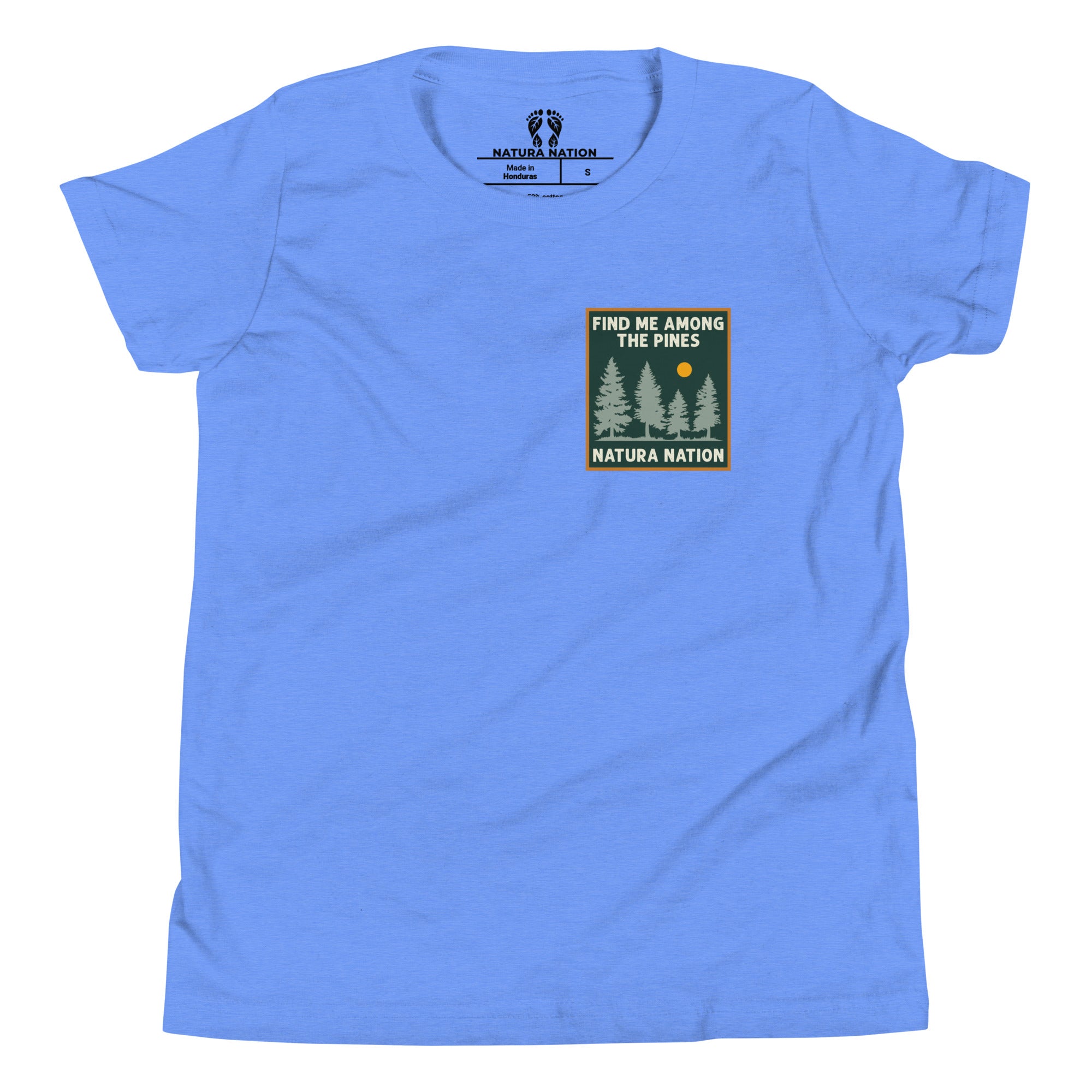 Kids forest t-shirt showing a pine tree print.