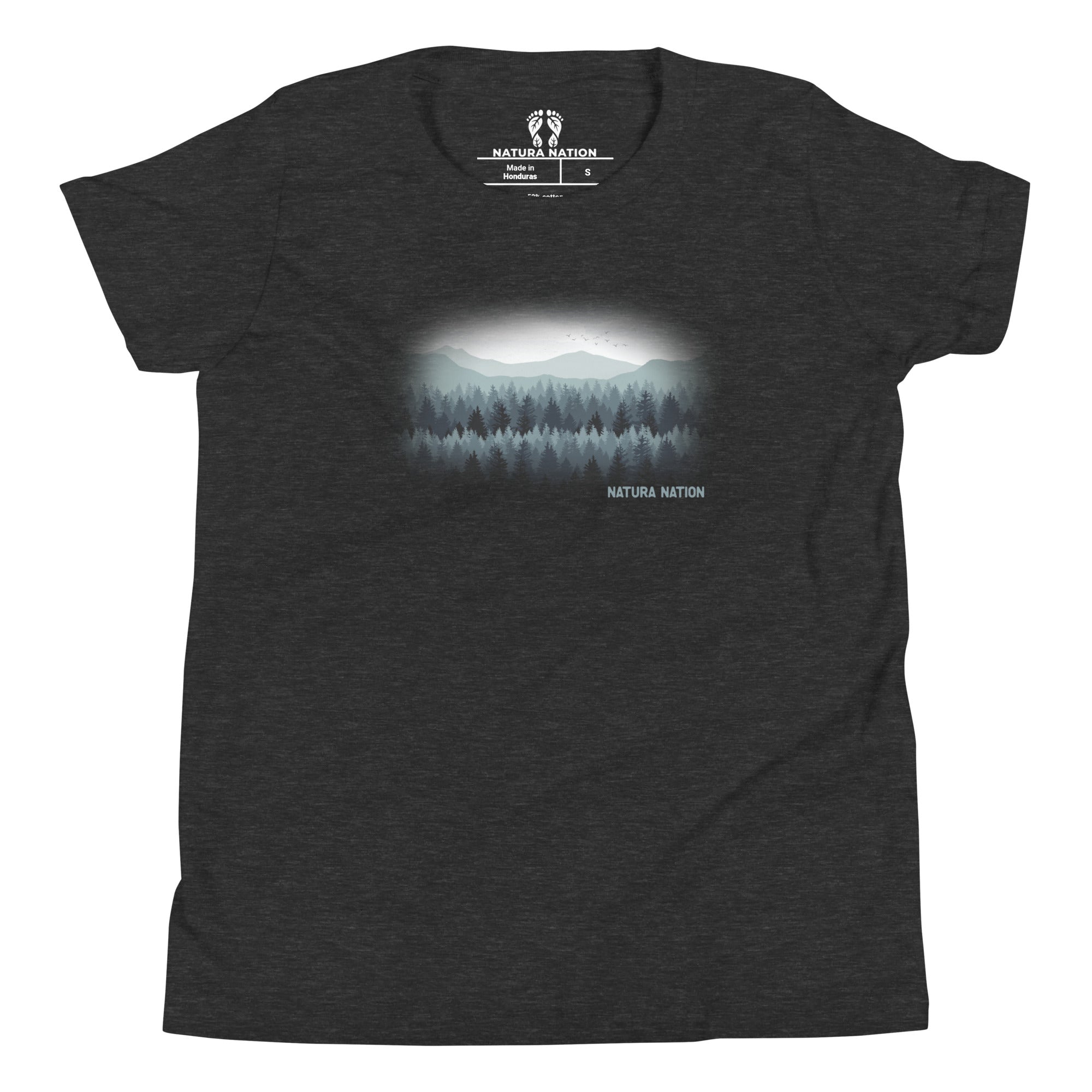 Teen nature tee with trees and summits.