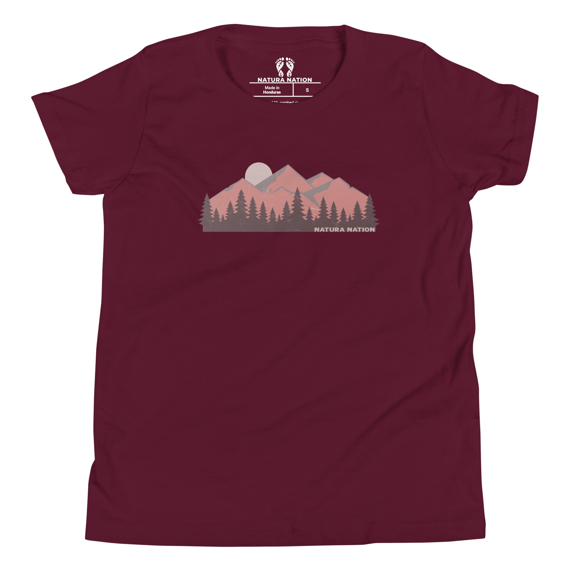 Kids mountain t-shirt with majestic peaks on the front. A maroon short-sleeve t-shirt with a stylized mountain and pine tree graphic on the chest, featuring the 'Natura Nation' logo printed inside the collar.