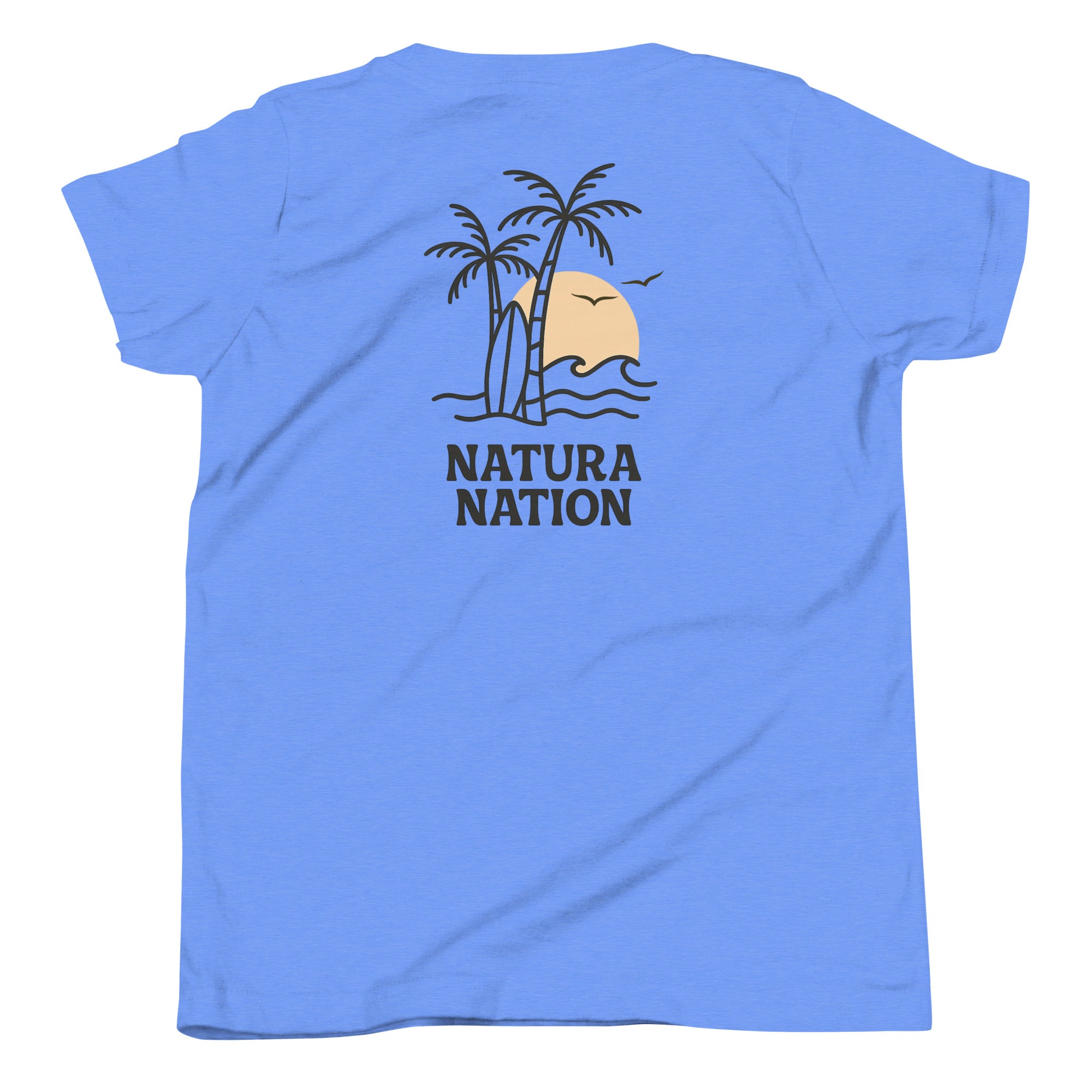 Kids ocean t-shirt with a tropical palm design on the back.