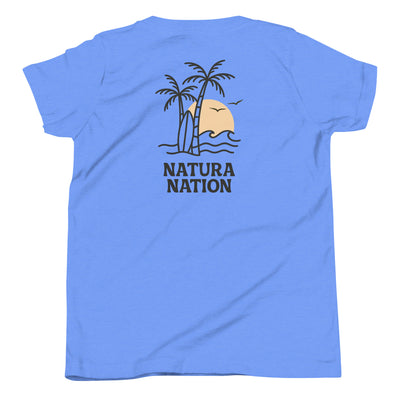 Kids ocean t-shirt with a tropical palm design on the back.