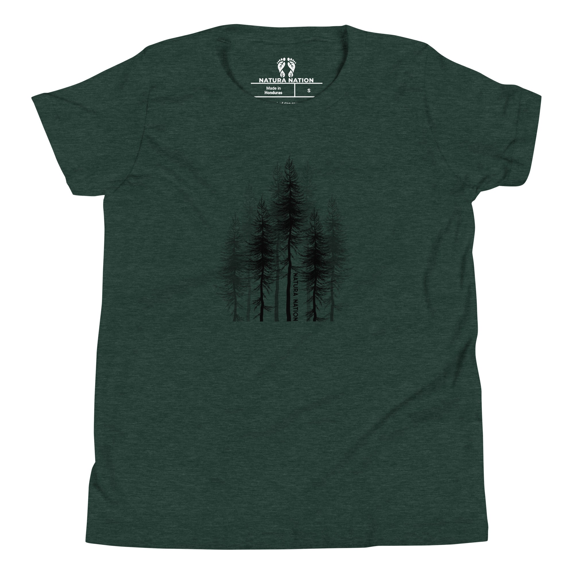 A dark heather green short-sleeve teen, youth, and kids t-shirt with a black silhouette graphic of pine trees on the chest, displayed flat against a white background. Made by Natura Nation.