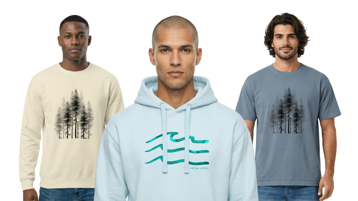 Men's Nature-Inspired Clothing - Three men wearing different clothing items with nature-themed designs by Natura Nation on a white background.