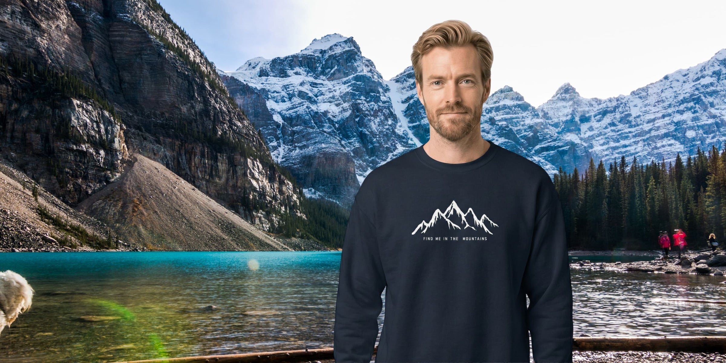 Men's Sweatshirts - A man wearing a navy sweatshirt with a "Find Me in The Mountains" mountain design in front of a scenic mountain lake, Banff National Park.