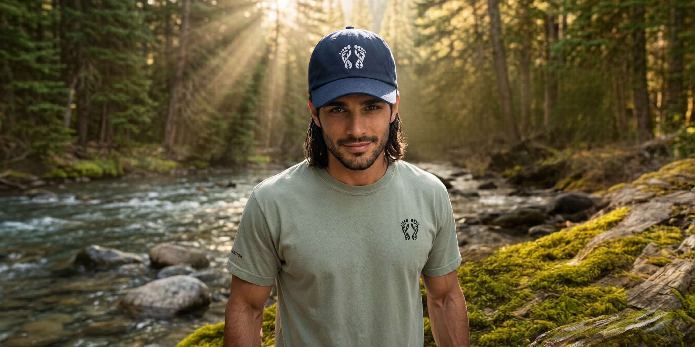 Men's T-Shirts - A man wearing a Natura Nation navy blue dad hat and a premium bay-colored T-shirt with a Natura Nation logo in a forest with a river setting.