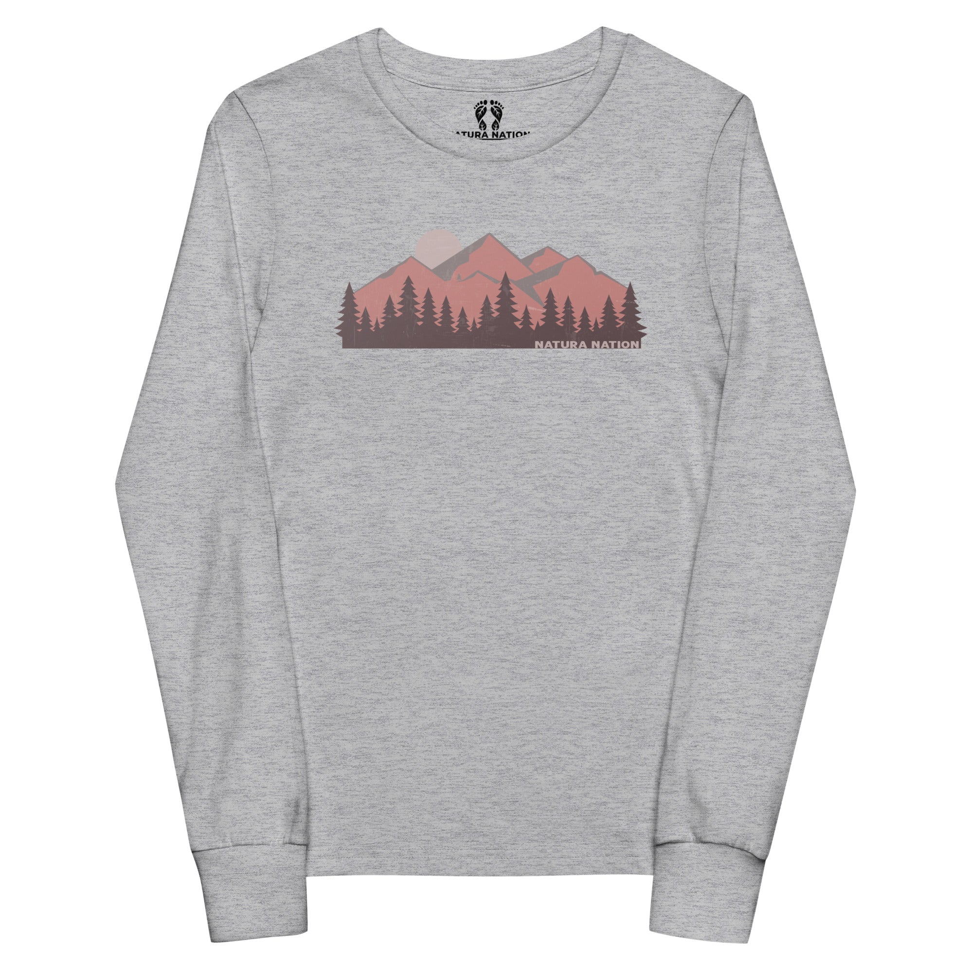 An athletic gray long-sleeve t-shirt with a graphic of a mountain range and pine trees in pink, red, and dark brown, featuring the text 'NATURA NATION' on the chest. Long sleeve mountain tee for teens with a summit silhouette.
