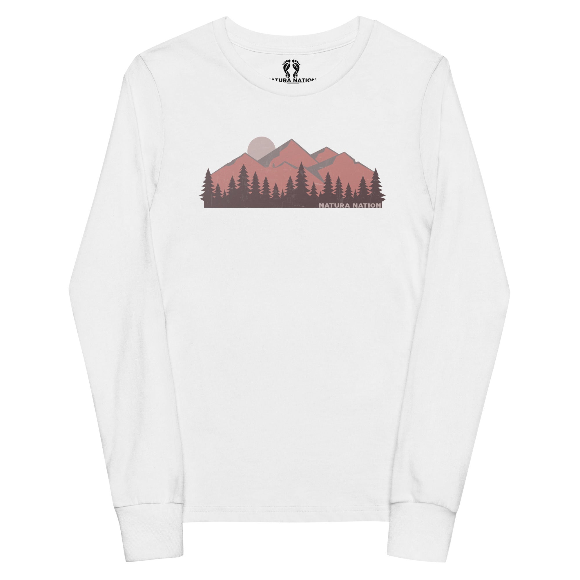 A white long-sleeve crewneck t-shirt featuring a stylized graphic of mountains, pine trees, and a sun on the chest, with a small 'NATURA NATION' logo printed below the graphic. Youth mountain long sleeve T-shirt for outdoor lovers who climb higher.