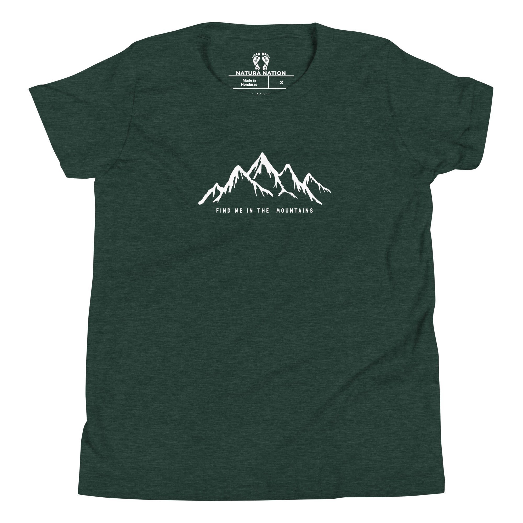 Youth mountain tee in heather forest, front view.