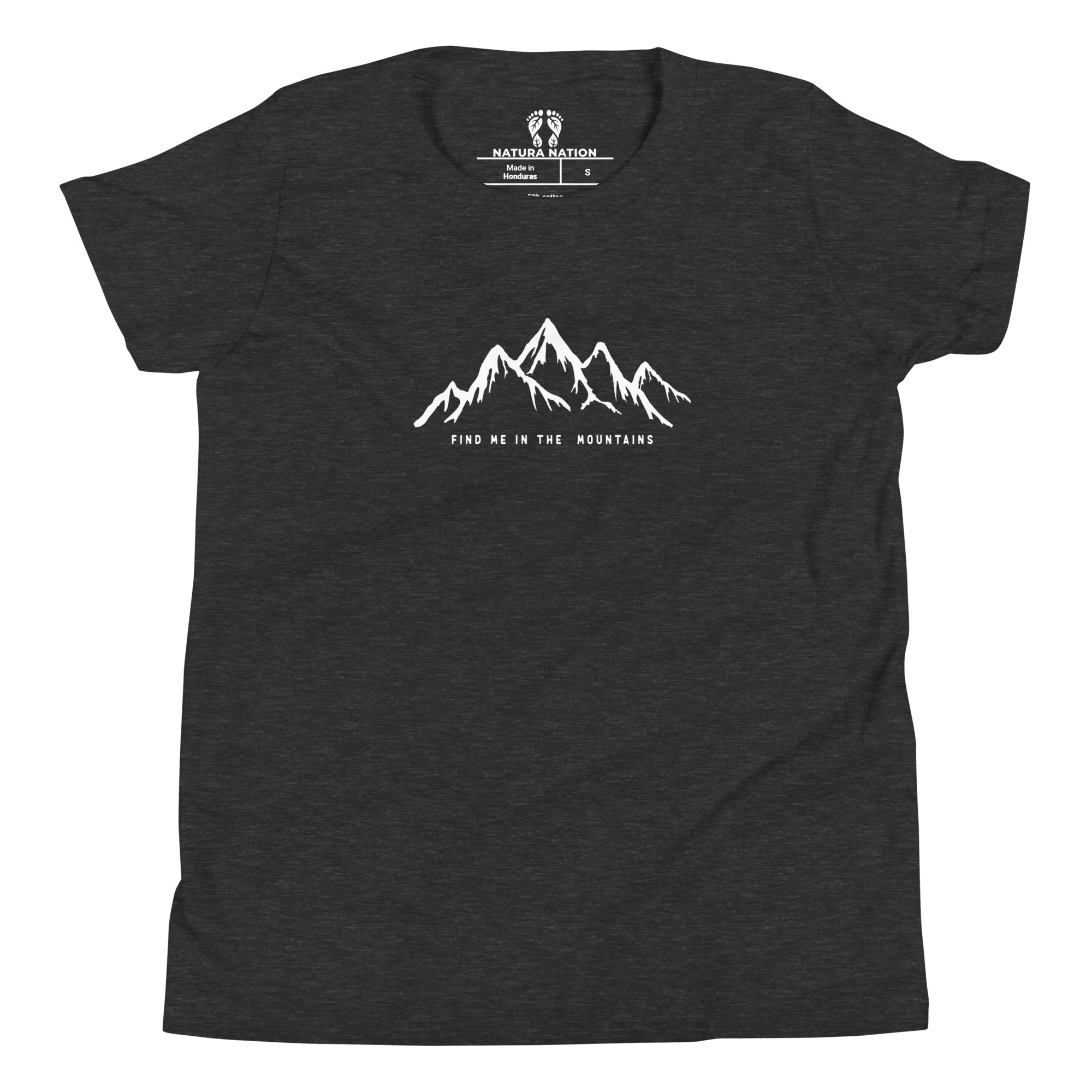 Kids' nature t-shirt in dark grey heather featuring the mountain design