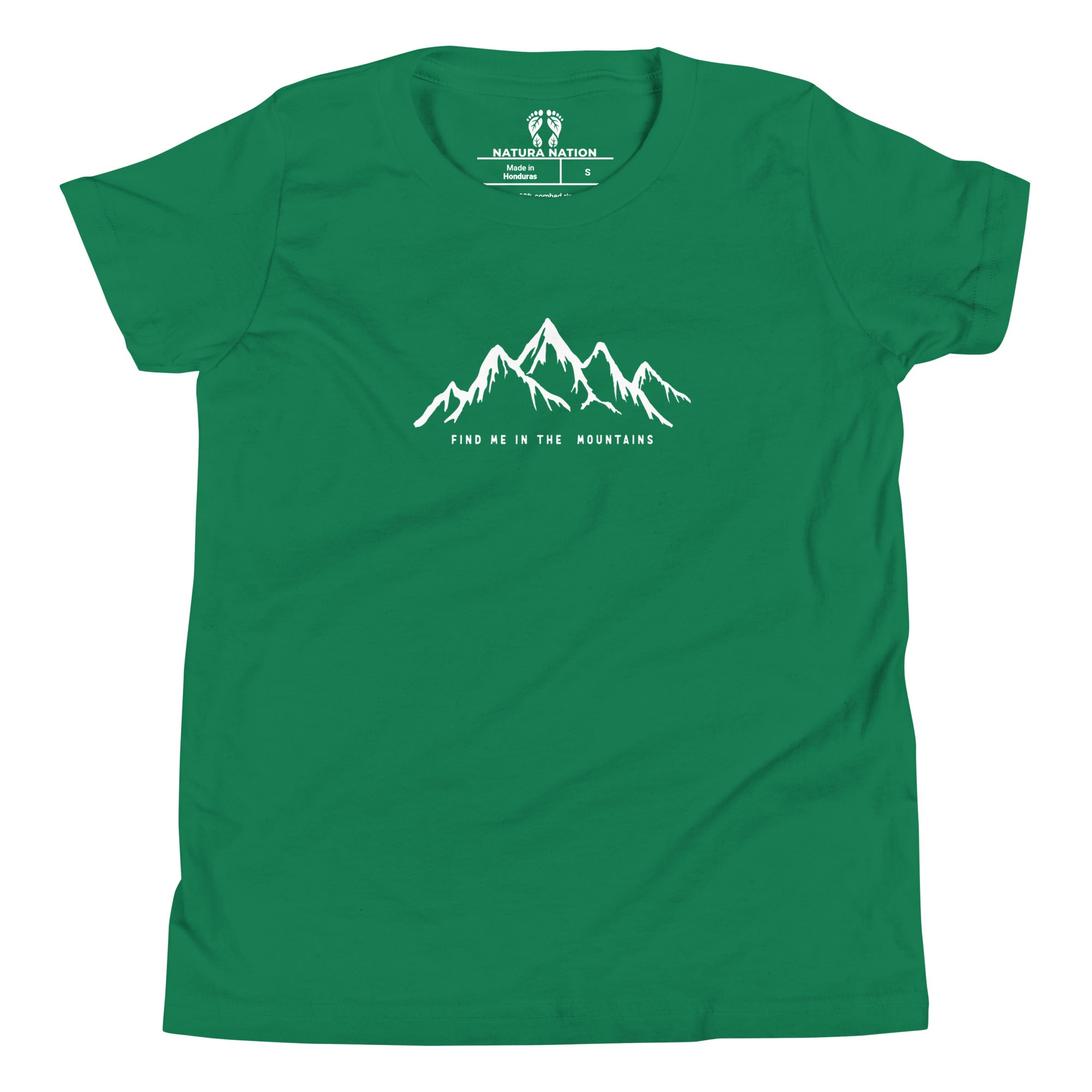Youth mountain tee in kelly, front view.