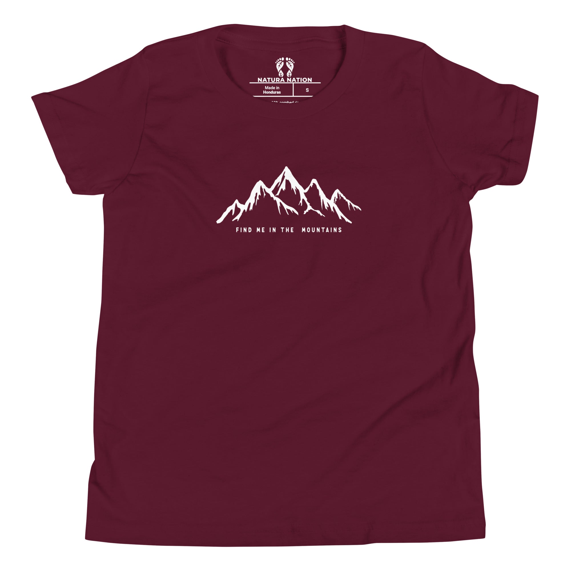 Mountain youth t-shirt laid flat showing full design and shape.