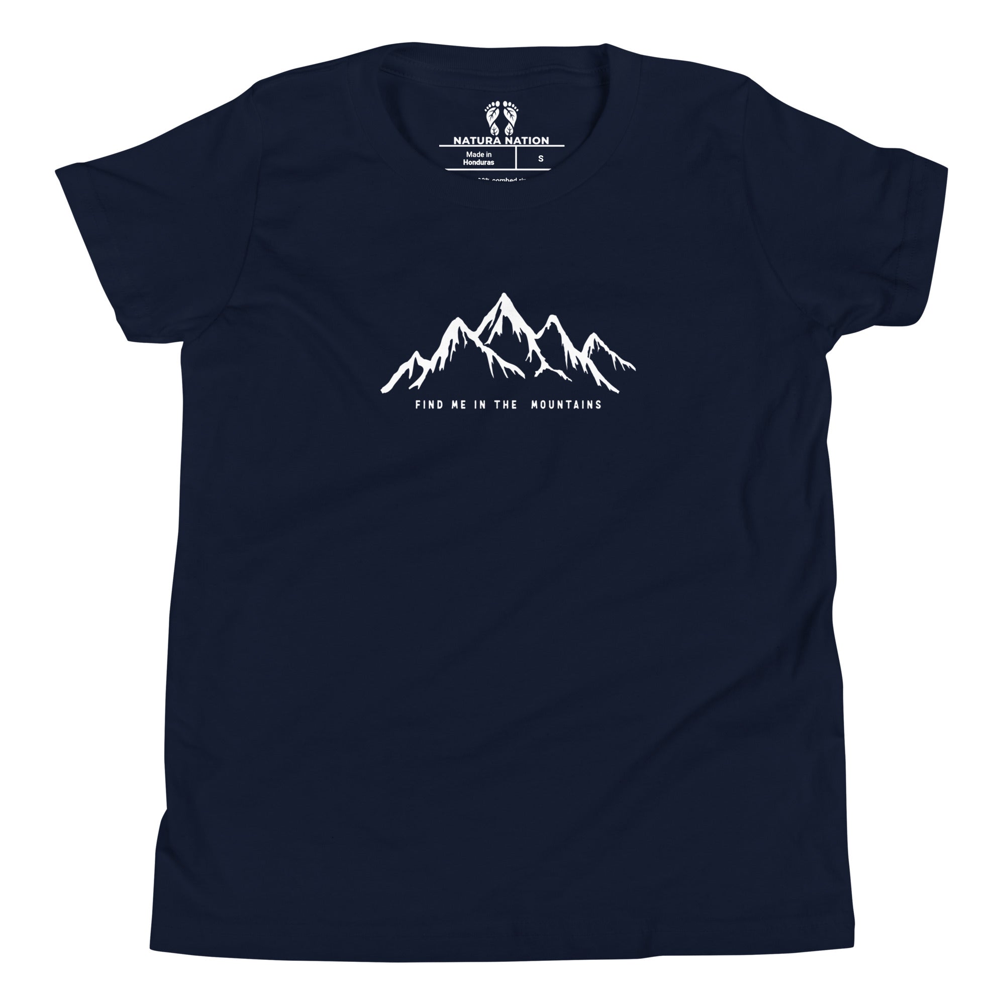 Mountain youth t-shirt laid flat showing full design and shape.