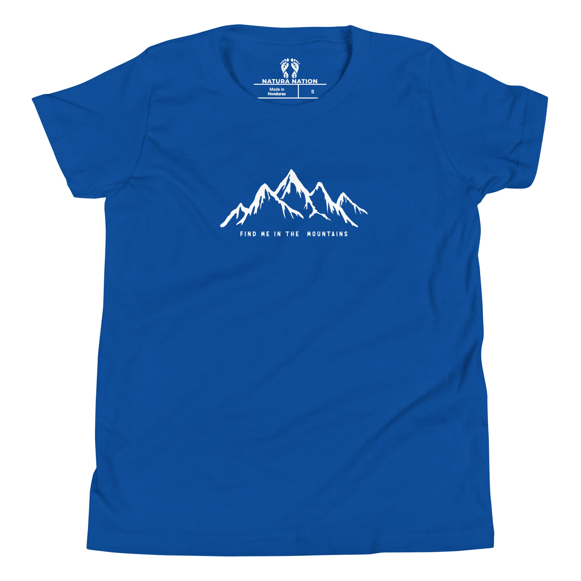 Youth mountain tee in true royal, front view.