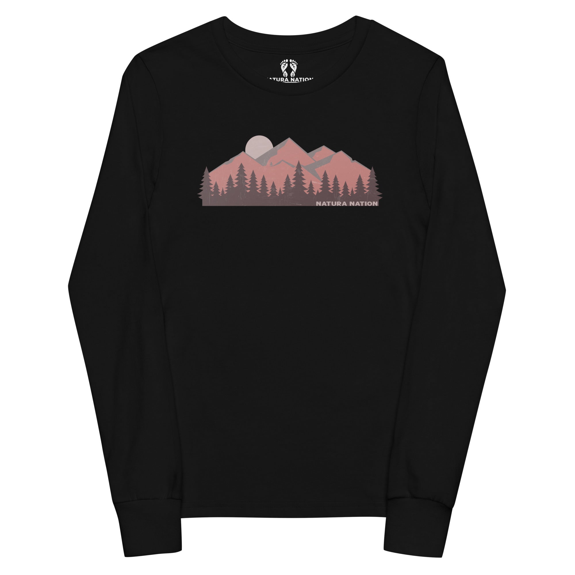 A black long-sleeve crewneck sweatshirt featuring a stylized mountain and pine tree graphic in muted pink, gray, and brown tones on the chest, with 'NATURE NATION' text below the graphic. Kids' graphic long-sleeve T-shirt with a mountain peak print, front view.