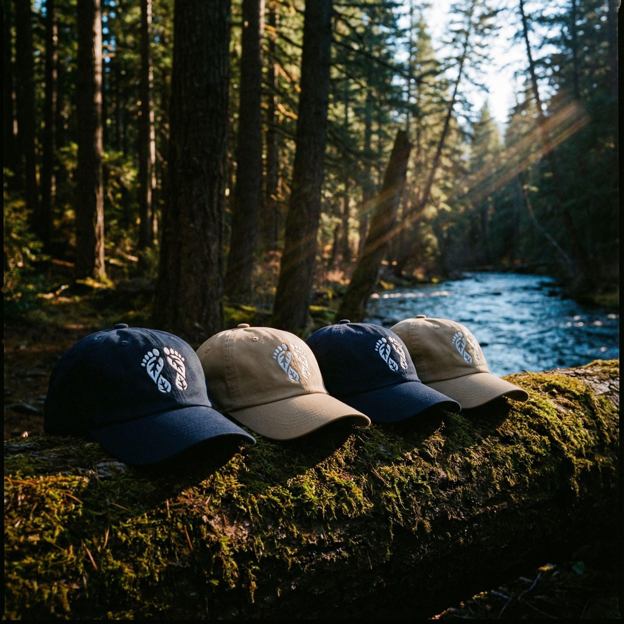 Four nature-inspired dad hats on a log in a forest with a river in the background by the Natura Nation brand. Nature Clothing - Nature Hats, Nature Hat, Camo Hat, nature Inspired-clothing, Nature Clothes for Nature Lovers by Natura Nation.