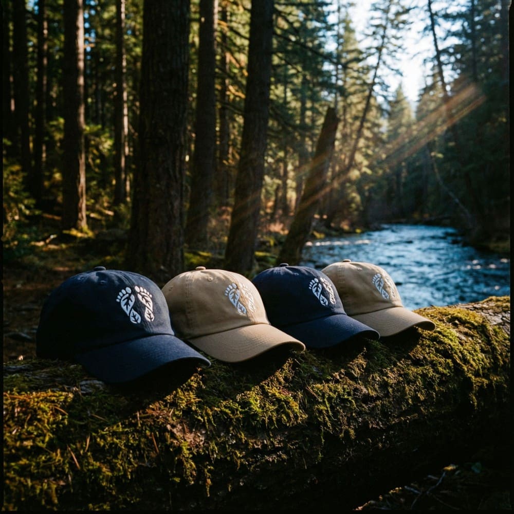 Four nature-inspired dad hats with the Natura Nation logo on their front, placed on a log in a forest with a river in the background by the Natura Nation brand.