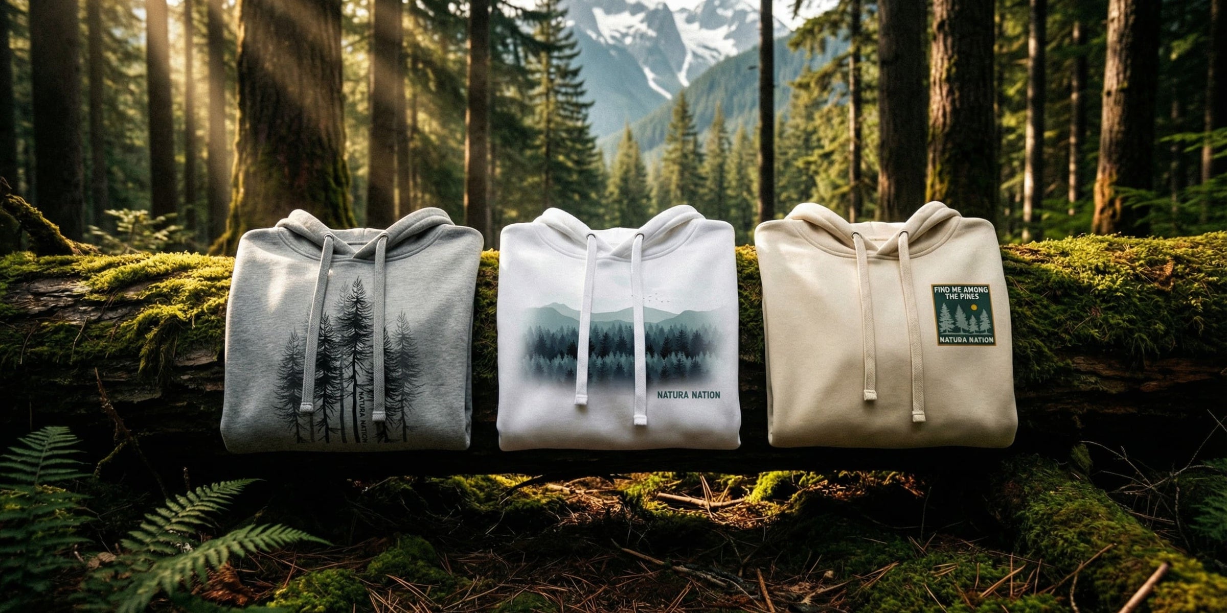 Three folded Nature Hoodies on a forest log – Natura Nation