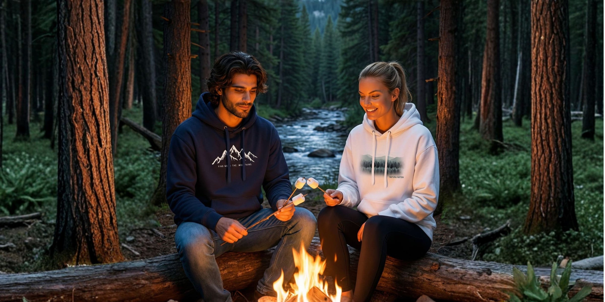Nature-Inspired Clothing Collections - Male and female wearing nature-inspired hoodies designed by Natura Nation sitting by a campfire roasting marshmallows in a forest.