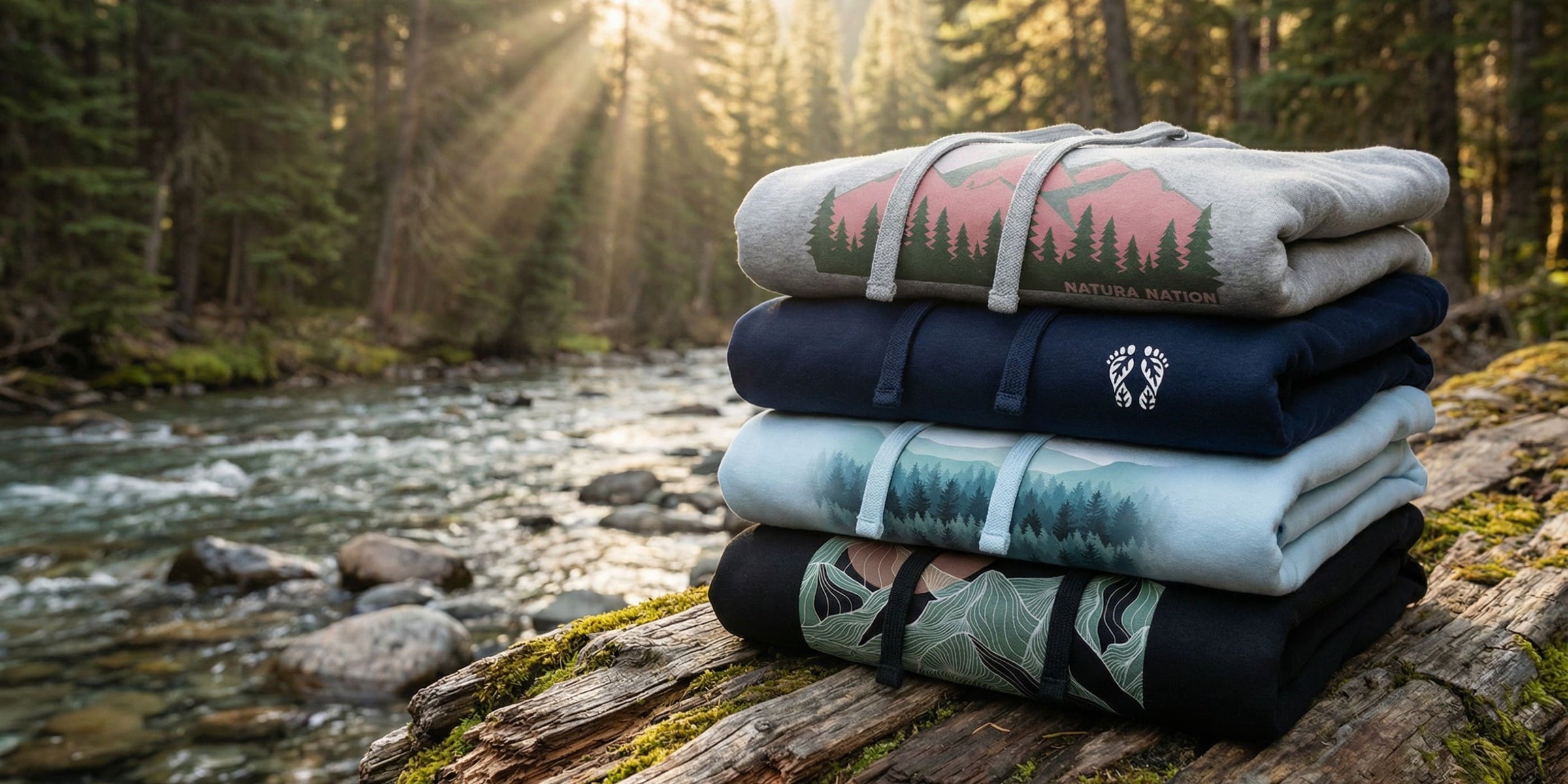 Stack of nature-inspired hoodies and sweatshirts in the woods – Nature-Inspired Clothing Collection”