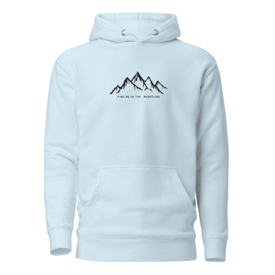 Blue Sky Pullover Hoodie featuring 'Find Me In The Mountains' design. A vibrant Mountain Hoodie for essential Nature Clothing.