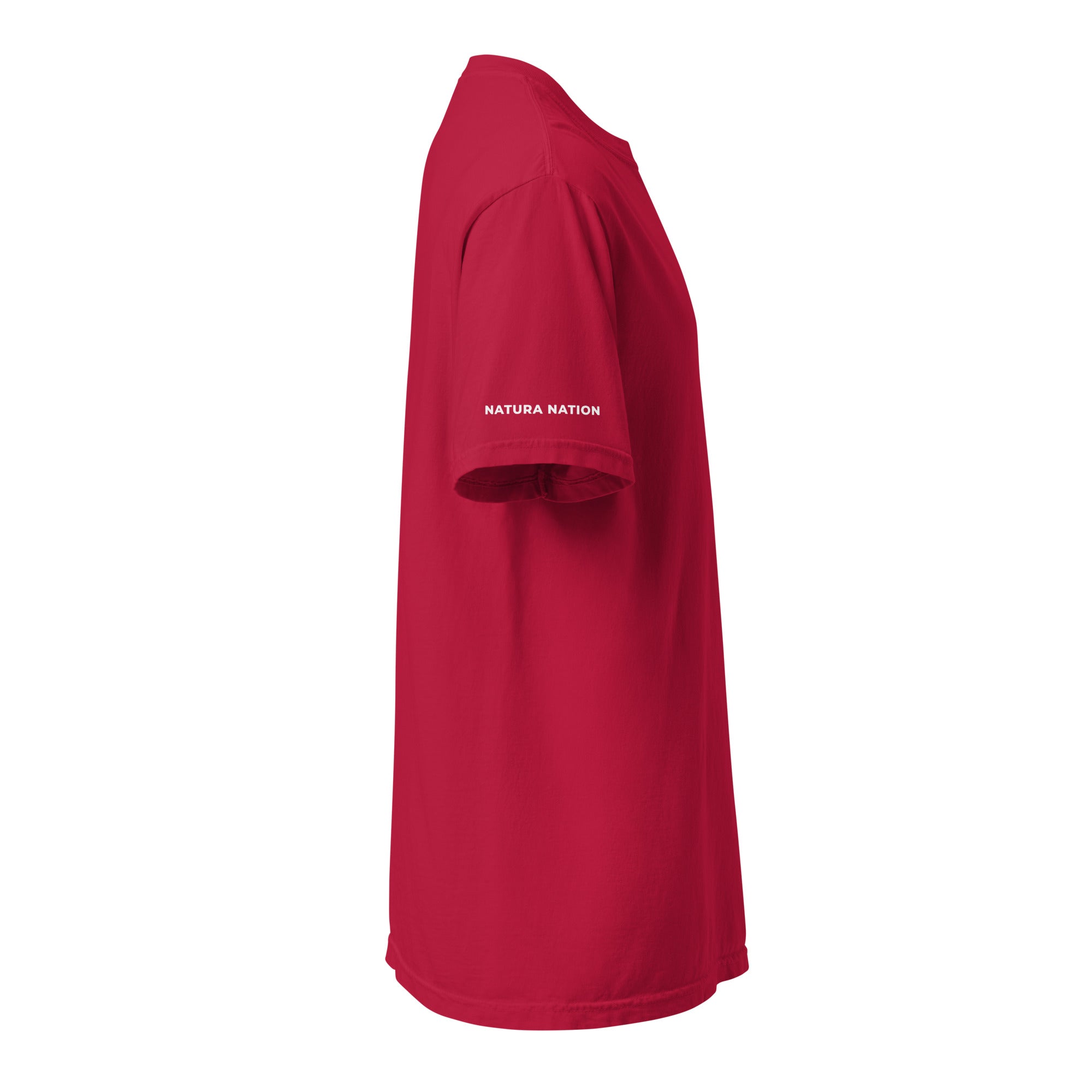 'Natura's Footprints' Red Nature T-Shirt: Your energetic Nature Clothing choice for striking outdoor style.