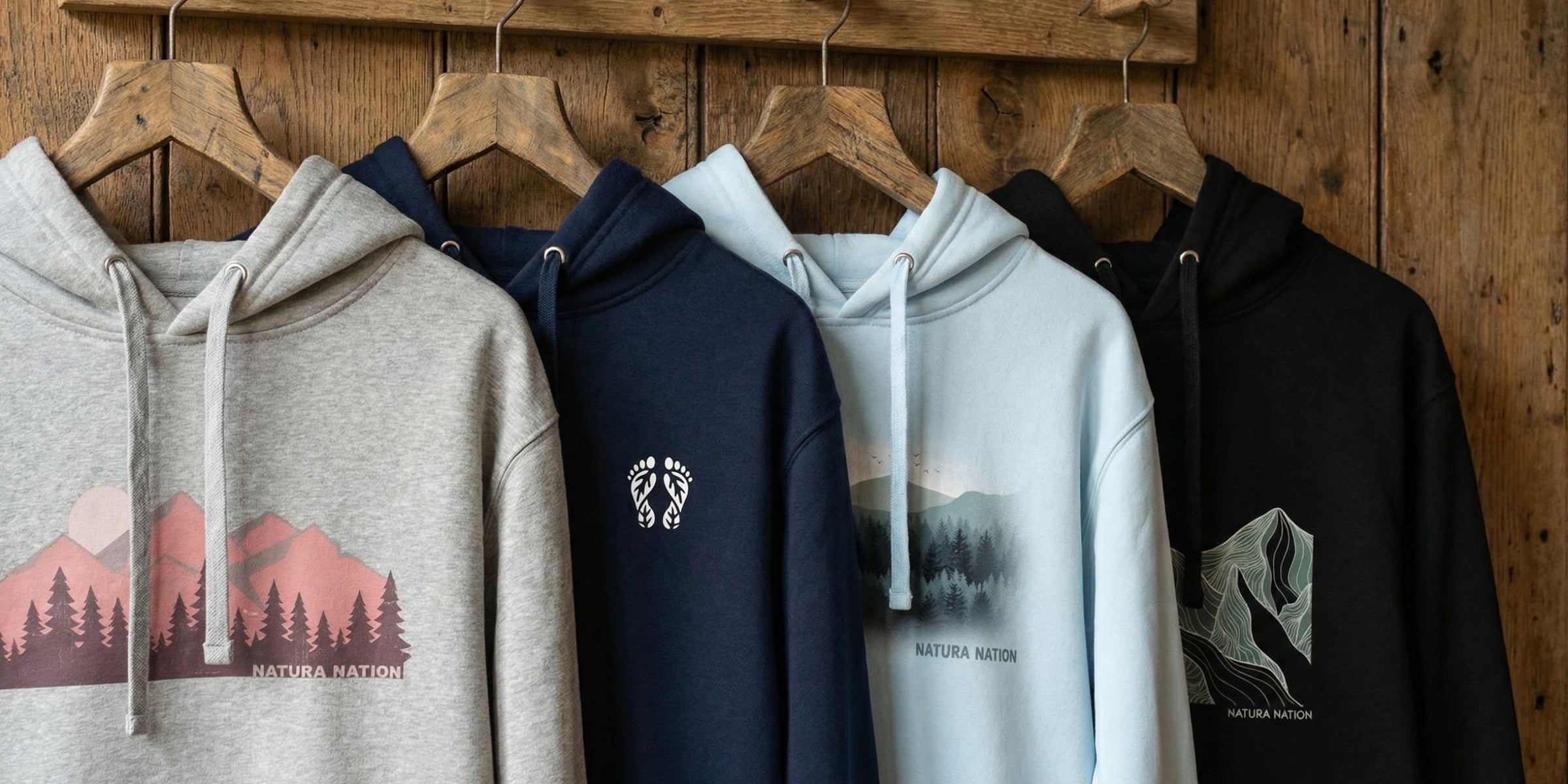 New arrival nature hoodies with nature-themed designs by Natura Nation, hanging on a wooden rack.