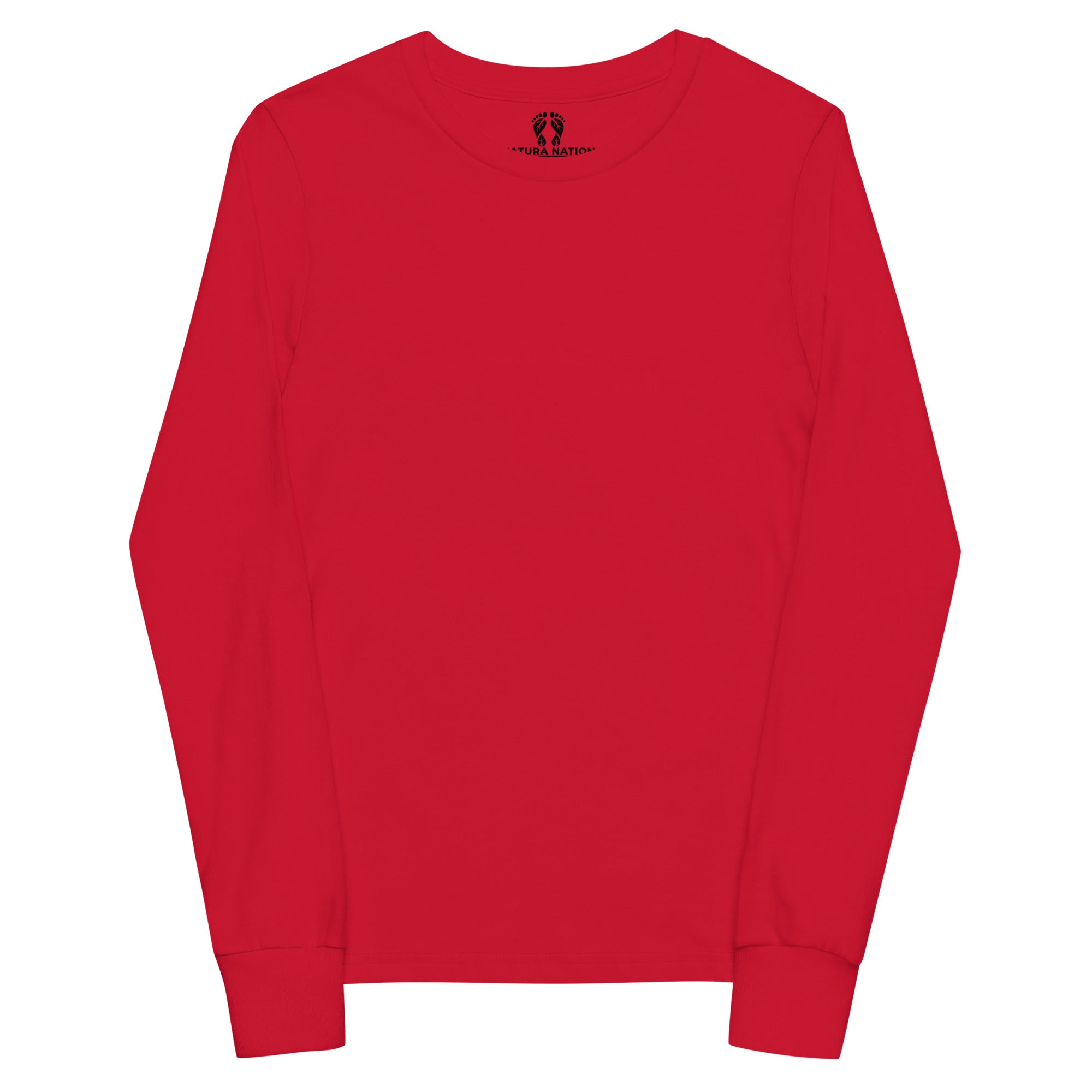 A bright red tropical long-sleeve crewneck sweatshirt with a small black graphic logo printed inside the back collar, displayed on a solid white background. 