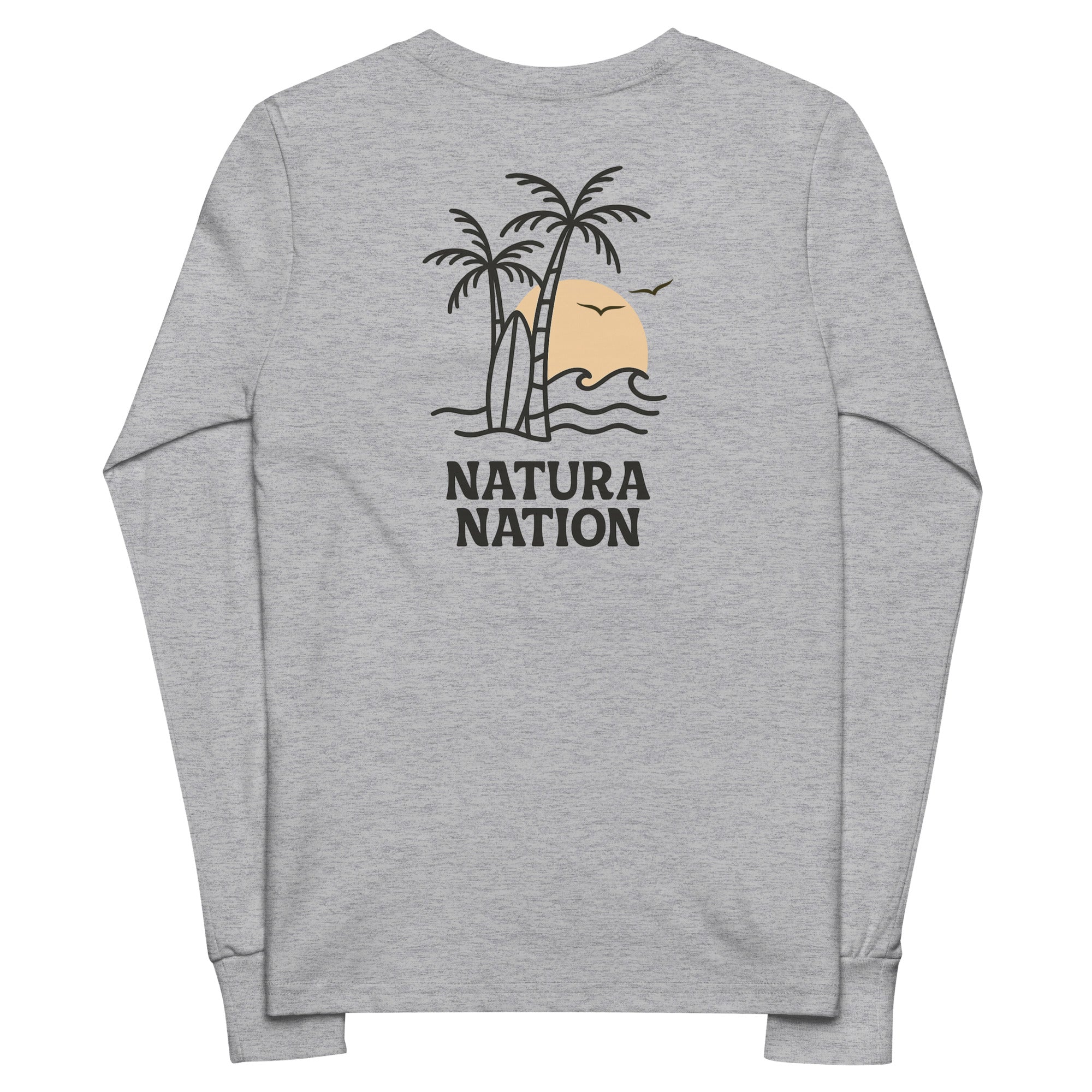 An athletic gray long-sleeve t-shirt shown from the back, featuring a graphic of two palm trees, surfboards, a yellow-orange sunset, and the text 'NATURA NATION'. Kids ocean long sleeve T-shirt with a tropical palm design on the back for youth.