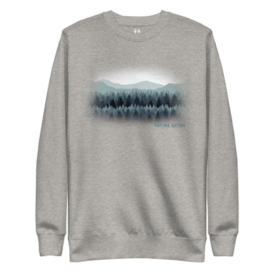Carbon Grey Tree sweatshirt featuring the 'Pines and Peaks Harmony' design, a versatile piece of Trees Clothing.