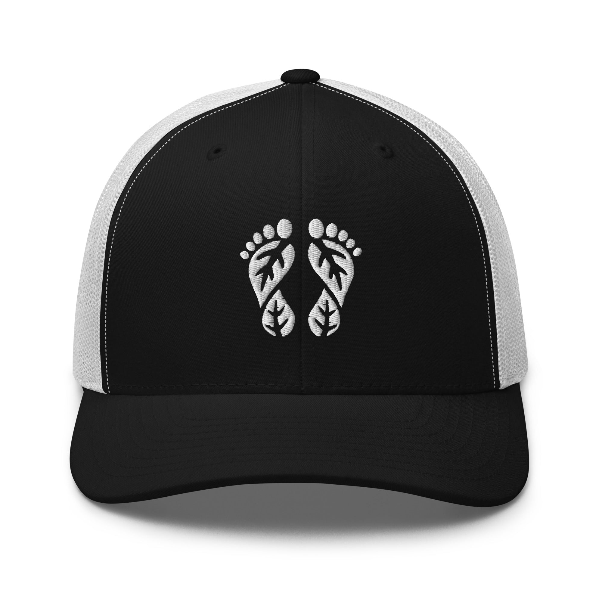 Black and White Nature Trucker Hat featuring 'Natura's Footprints' embroidery. A stylish two-tone Trucker Hat for outdoor lovers. Essential Nature Hats.