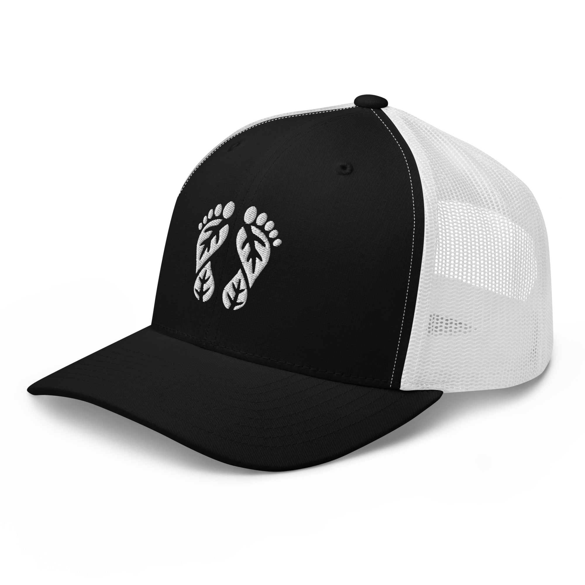 'Natura's Footprints' Black and White Trucker Hat: This eye-catching Nature Trucker Hat offers bold contrast. Explore our collection of unique Trucker Hats.