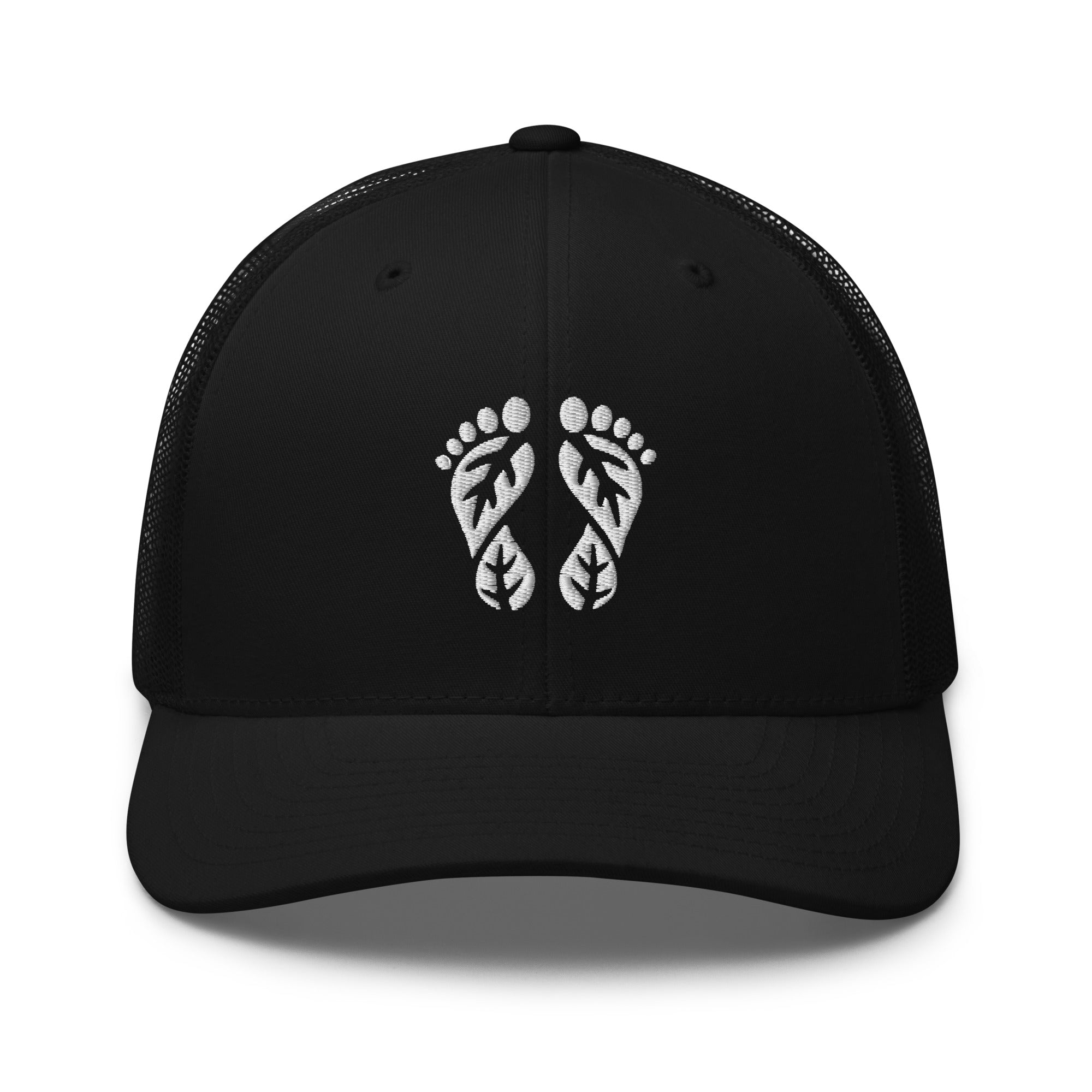 Black Nature Trucker Hat with 'Natura's Footprints' embroidered logo. A classic Trucker Hat for any adventure. Part of our essential Nature Hats collection.
