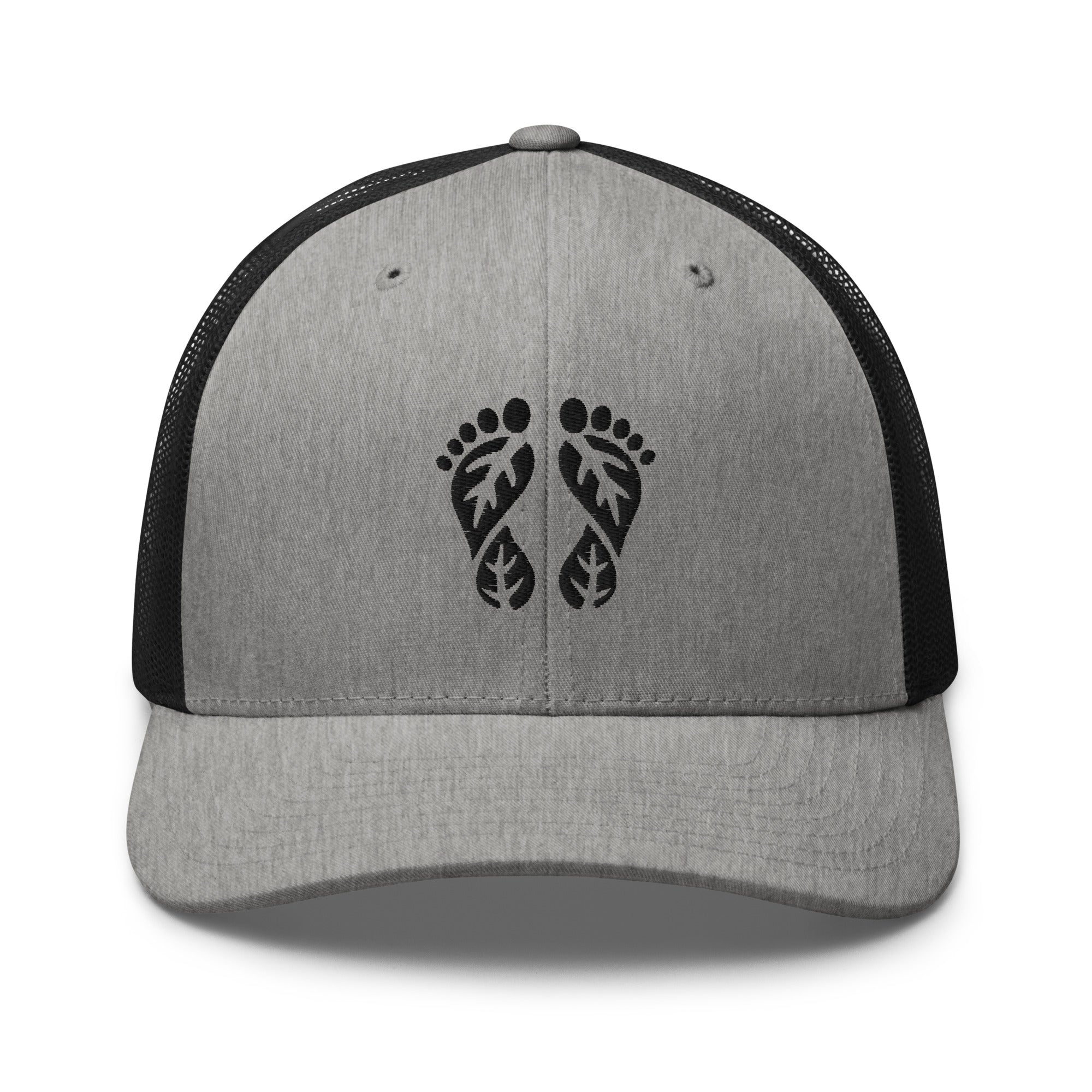Heather and Black Nature Trucker Hat with the 'Natura's Footprints' embroidered logo. A textured two-tone trucker hat blending comfort and style. Part of our versatile Nature Hats.