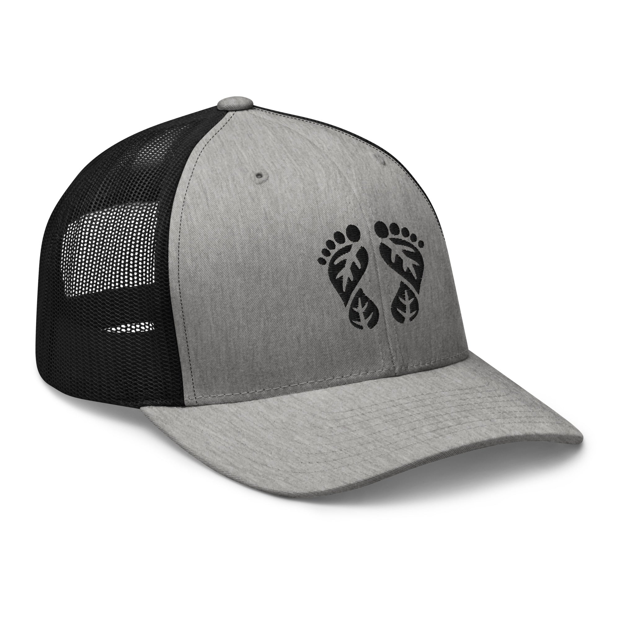 'Natura's Footprints' Heather and Black Trucker Hat: This casual Nature Trucker Hat offers a relaxed, yet refined look. Discover it in our collection of laid-back trucker hats.