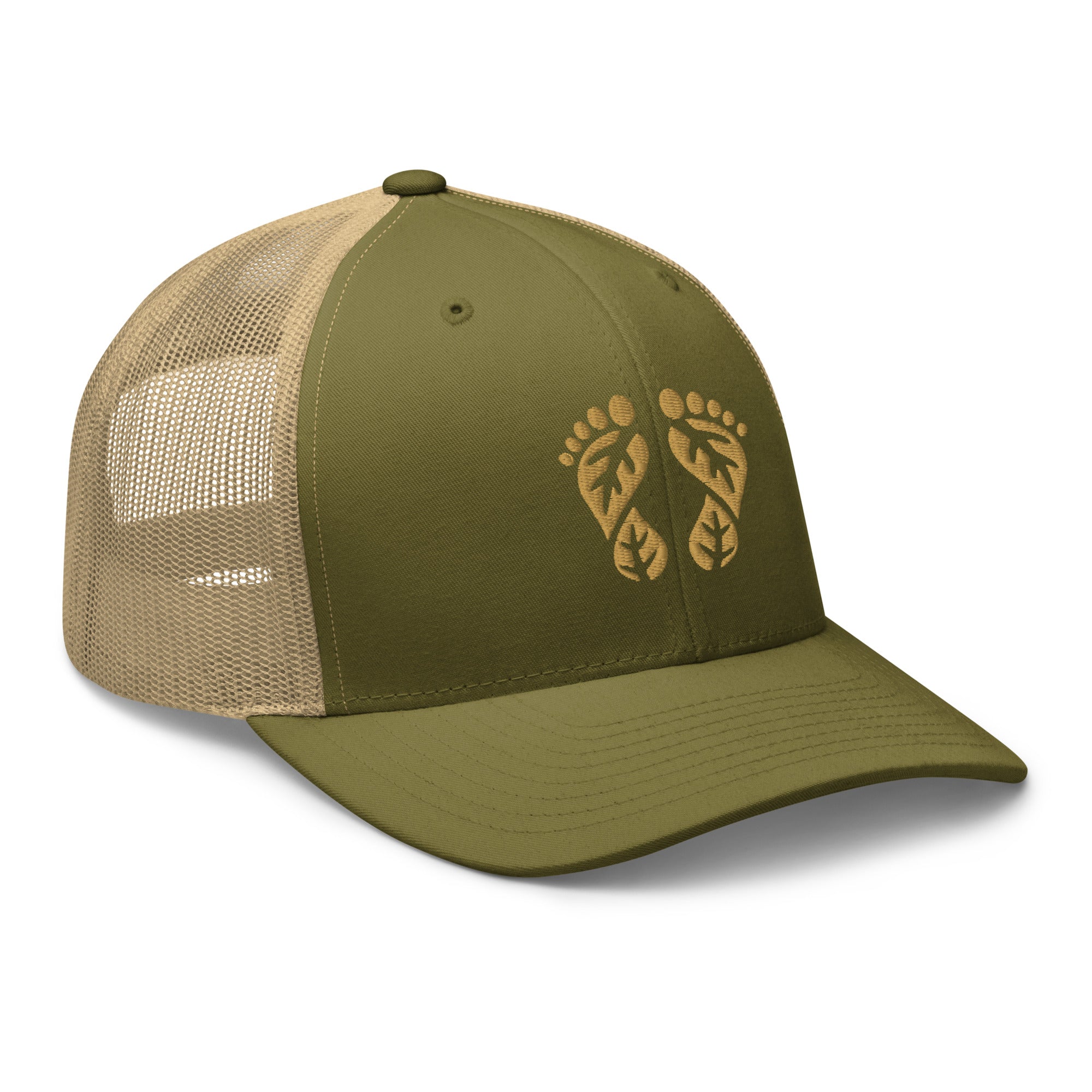 Moss and Khaki Nature Trucker Hat with 'Natura's Footprints' embroidery. An earthy two-tone trucker hat for authentic outdoor style. Essential Nature Hats.
