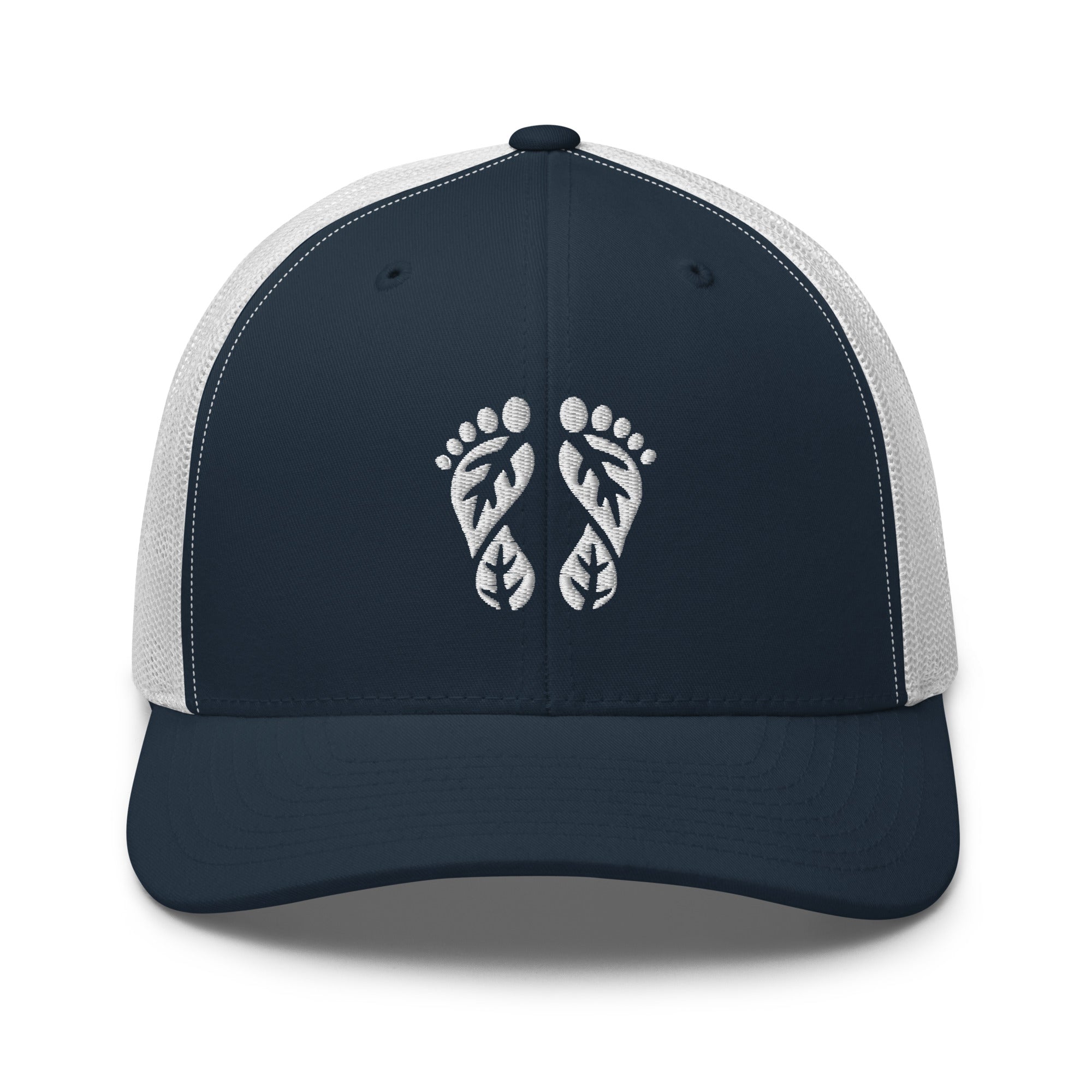 Navy and White Nature Trucker Hat featuring 'Natura's Footprints' embroidery. A crisp two-tone Trucker Hat for clear skies and open roads. Essential Nature Hats.