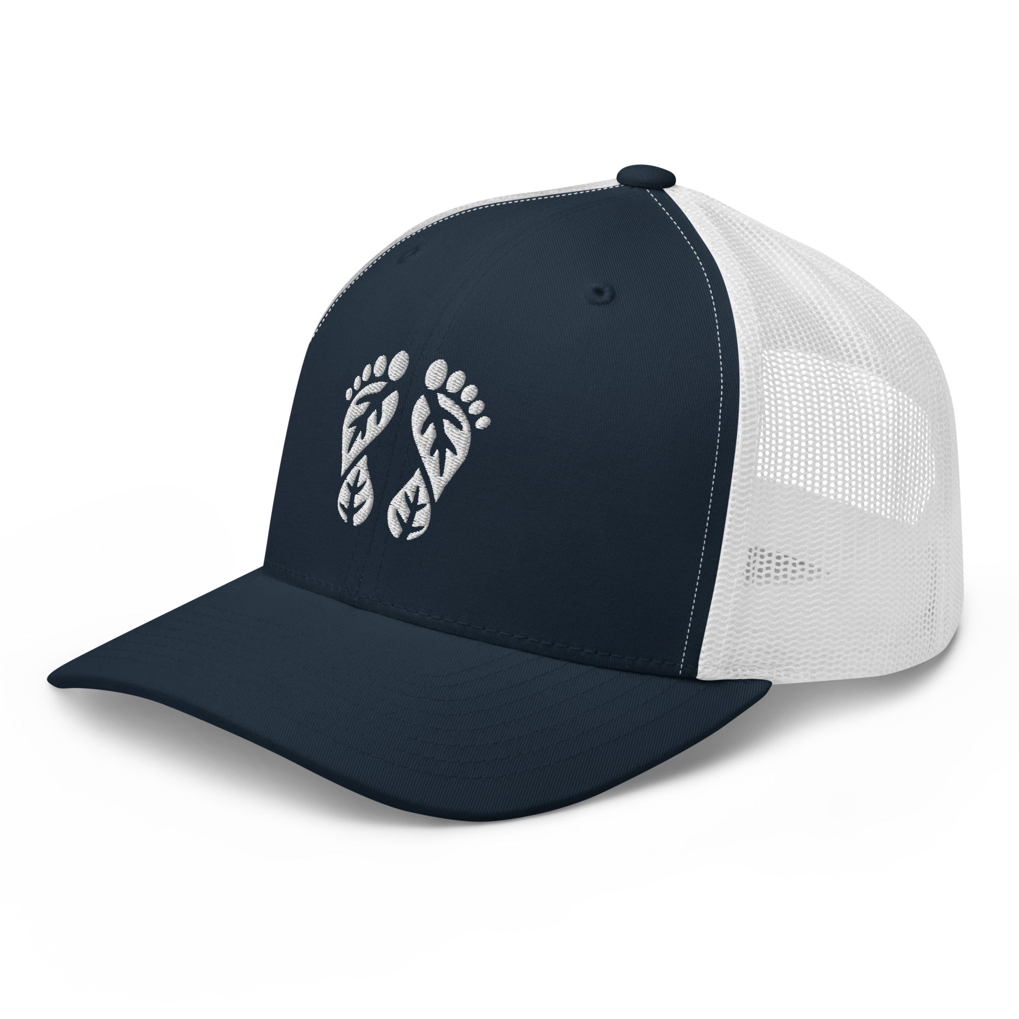 'Natura's Footprints' Navy and White Trucker Hat: This sharp Nature Trucker Hat combines classic colors. Explore more of our stylish Trucker Hats.