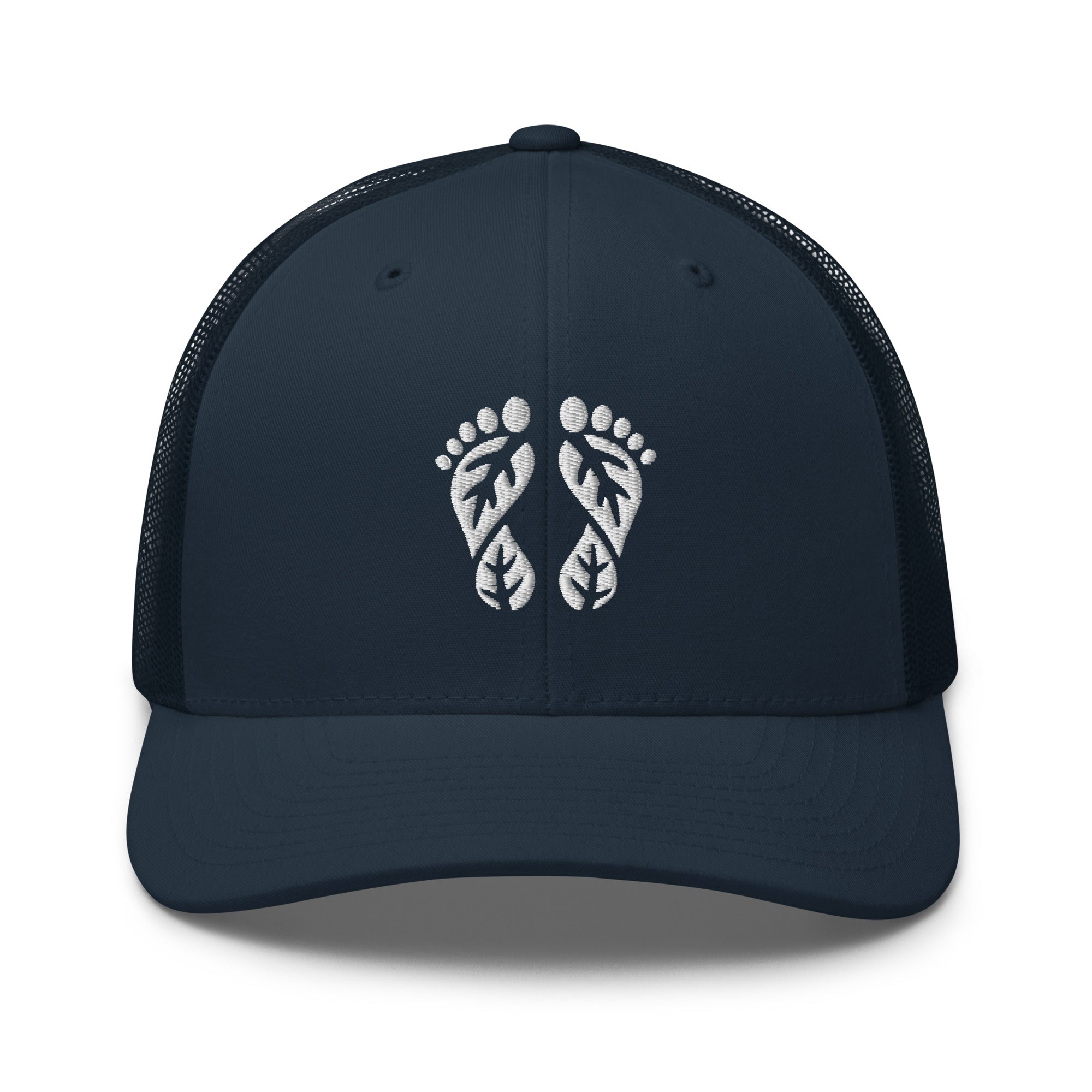 Navy Nature Trucker Hat with 'Natura's Footprints' embroidered logo. A timeless Trucker Hat perfect for coastal adventures. Part of our reliable Nature Hats.