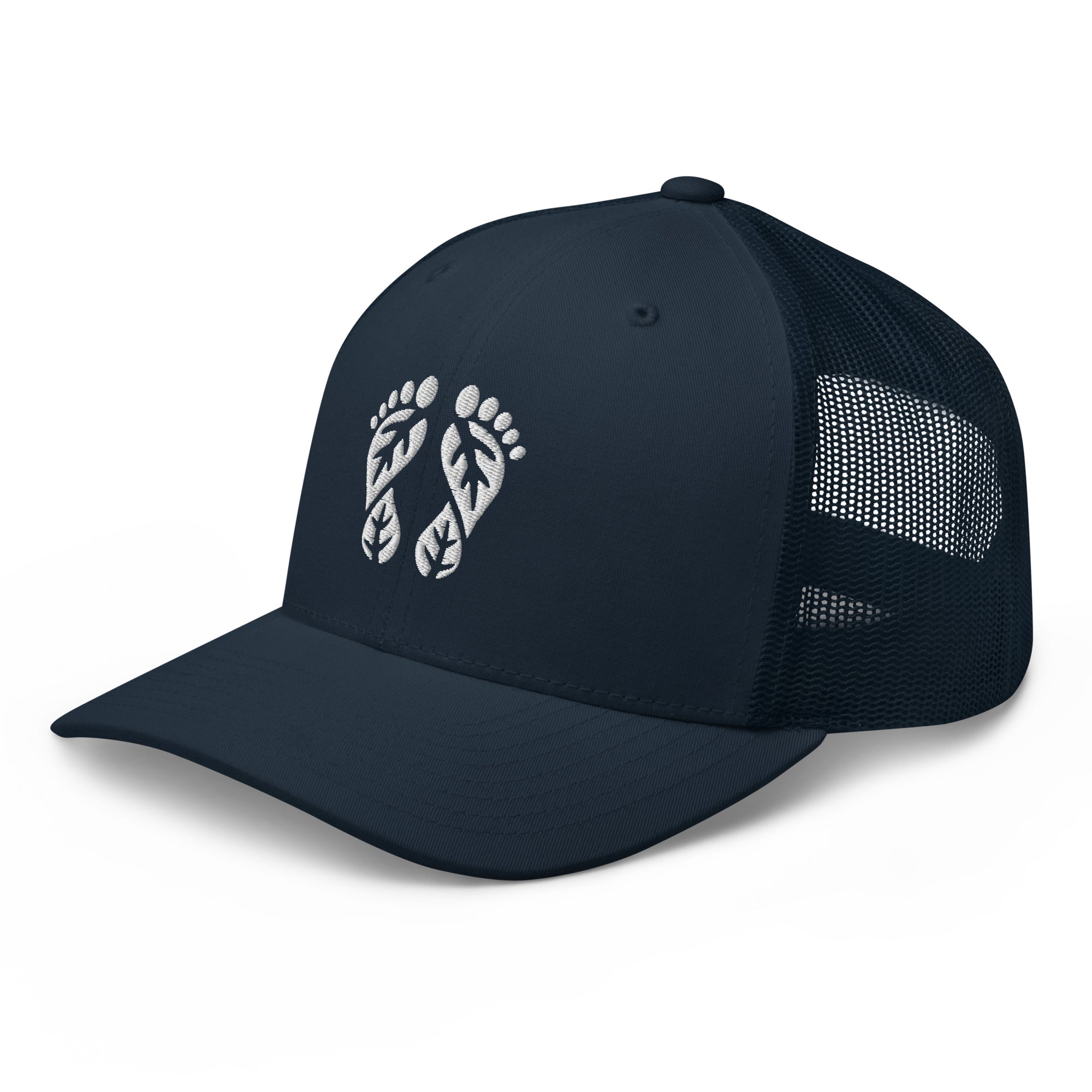 'Natura's Footprints' Navy Trucker Hat: This deep blue Nature Trucker Hat offers rugged style. Find it in our collection of durable Trucker Hats.