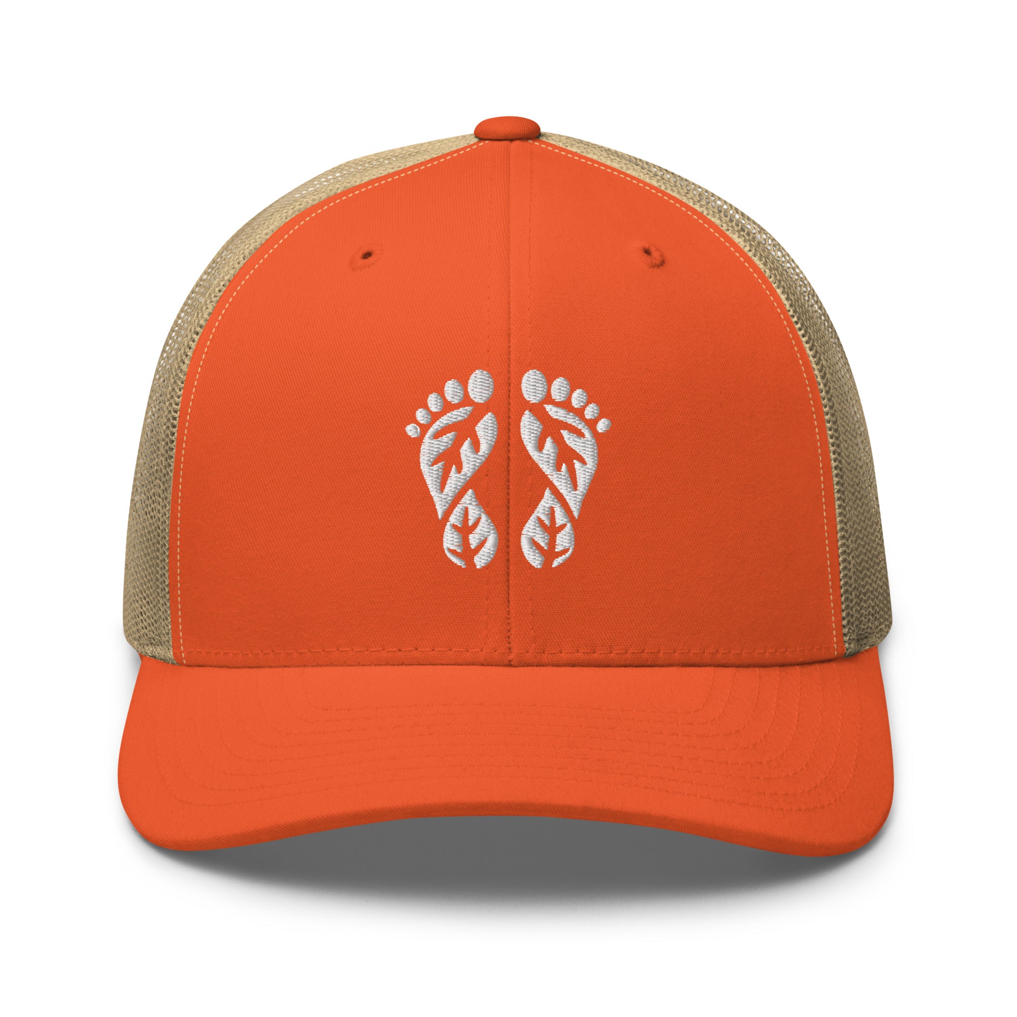 Rustic Orange and Khaki Nature Trucker Hat with 'Natura's Footprints' embroidery. An earthy two-tone Trucker Hat for authentic outdoor style. Essential Nature Hats.