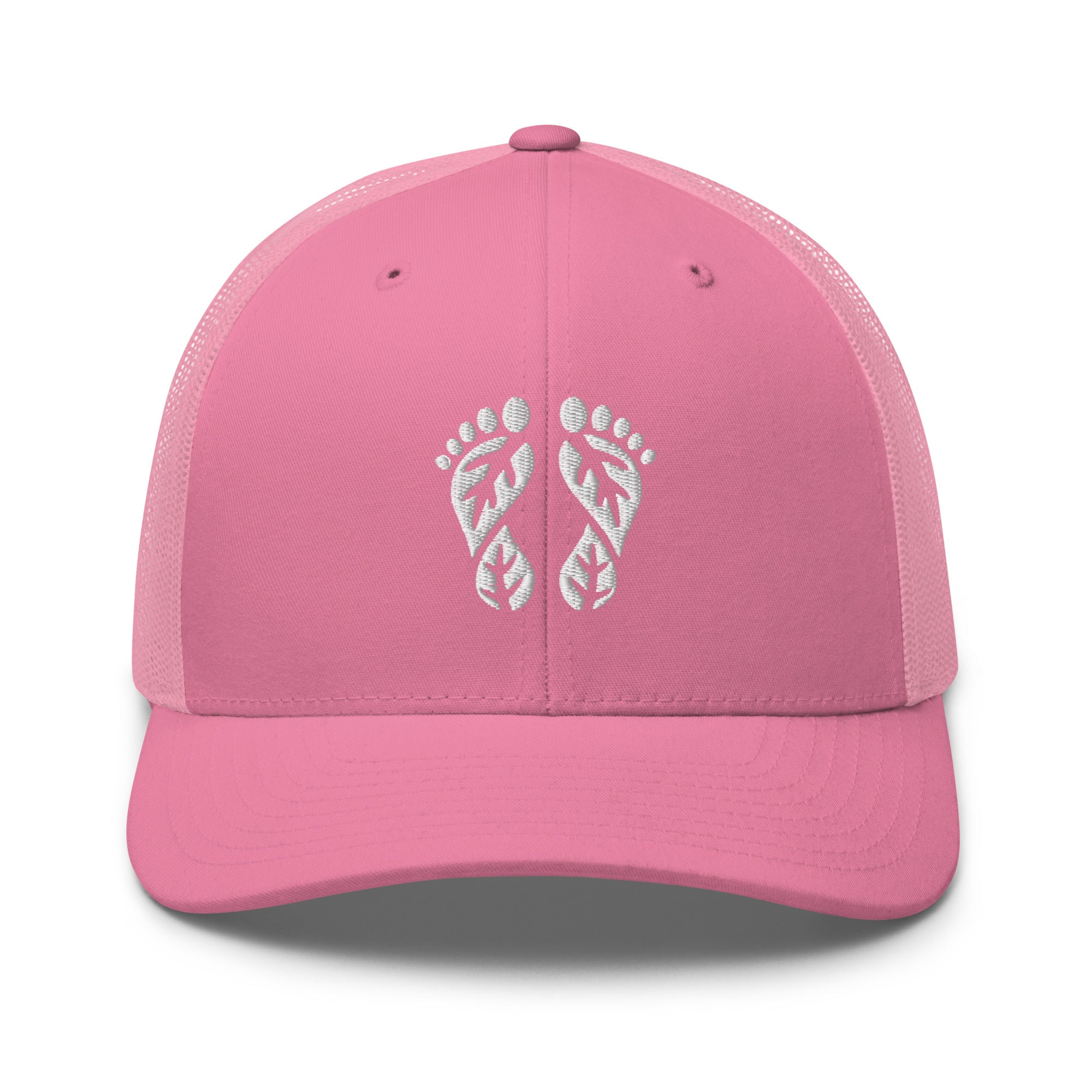 Pink Nature Trucker Hat with 'Natura's Footprints' embroidered logo. A unique Trucker Hat that adds a pop of cheerful color to your adventures. Part of our vibrant Nature Hats.