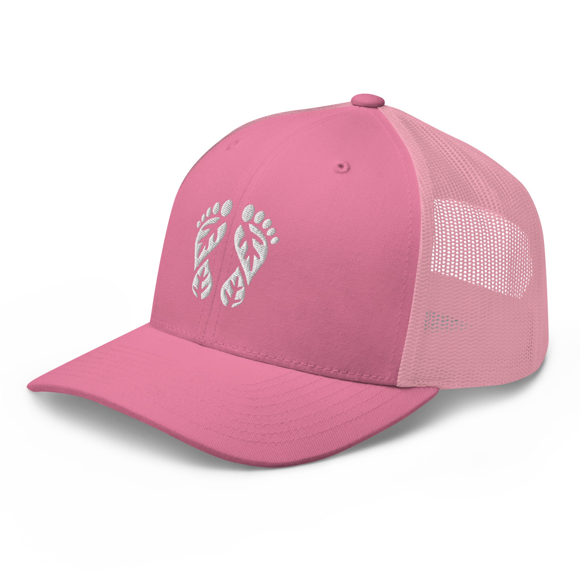 'Natura's Footprints' Pink Trucker Hat: This charming Nature Trucker Hat offers a fresh take on outdoor style. Discover it in our lively Trucker Hats range.