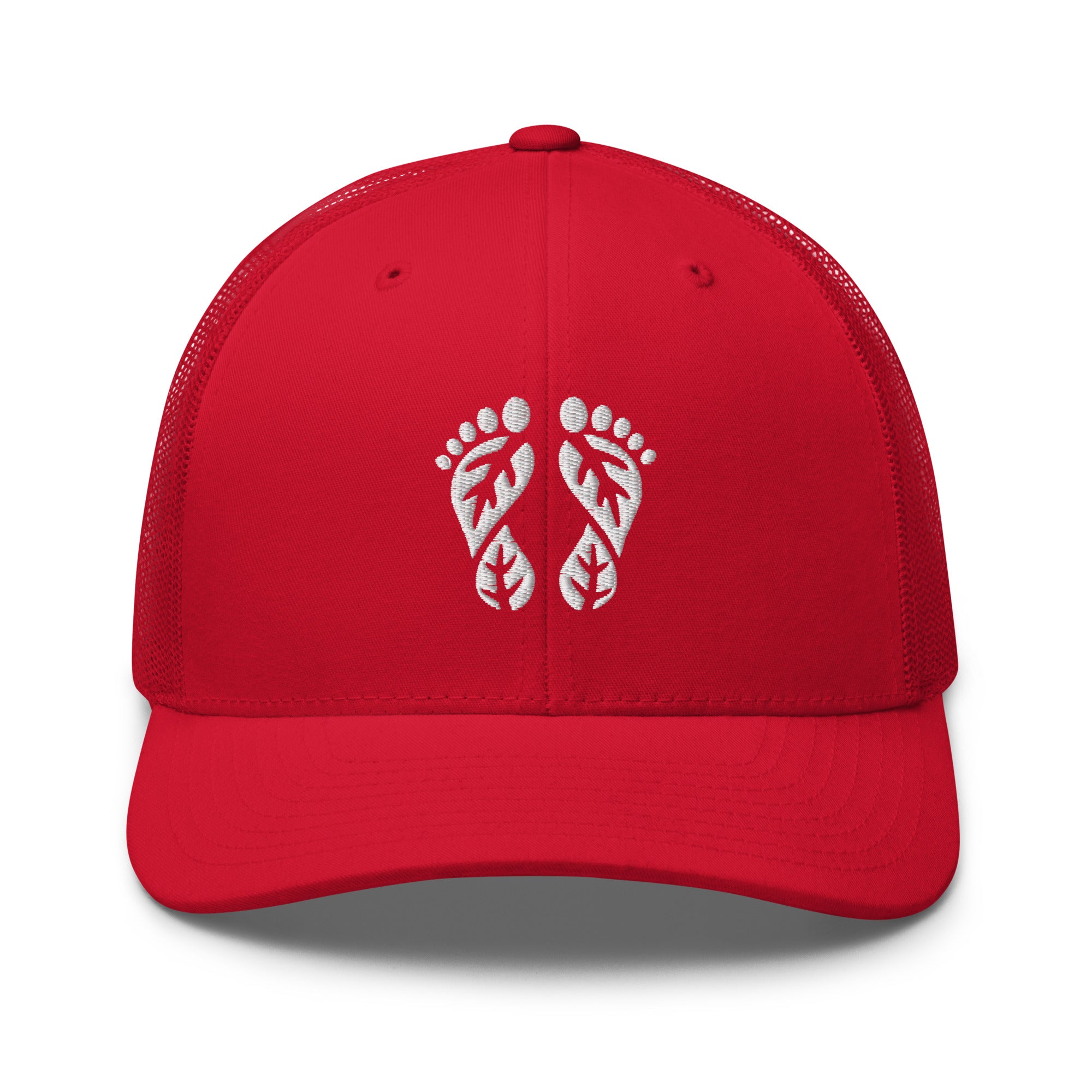 Red Nature Trucker Hat with 'Natura's Footprints' embroidered logo. A vibrant Trucker Hat for making a bold statement outdoors. Part of our spirited Nature Hats.