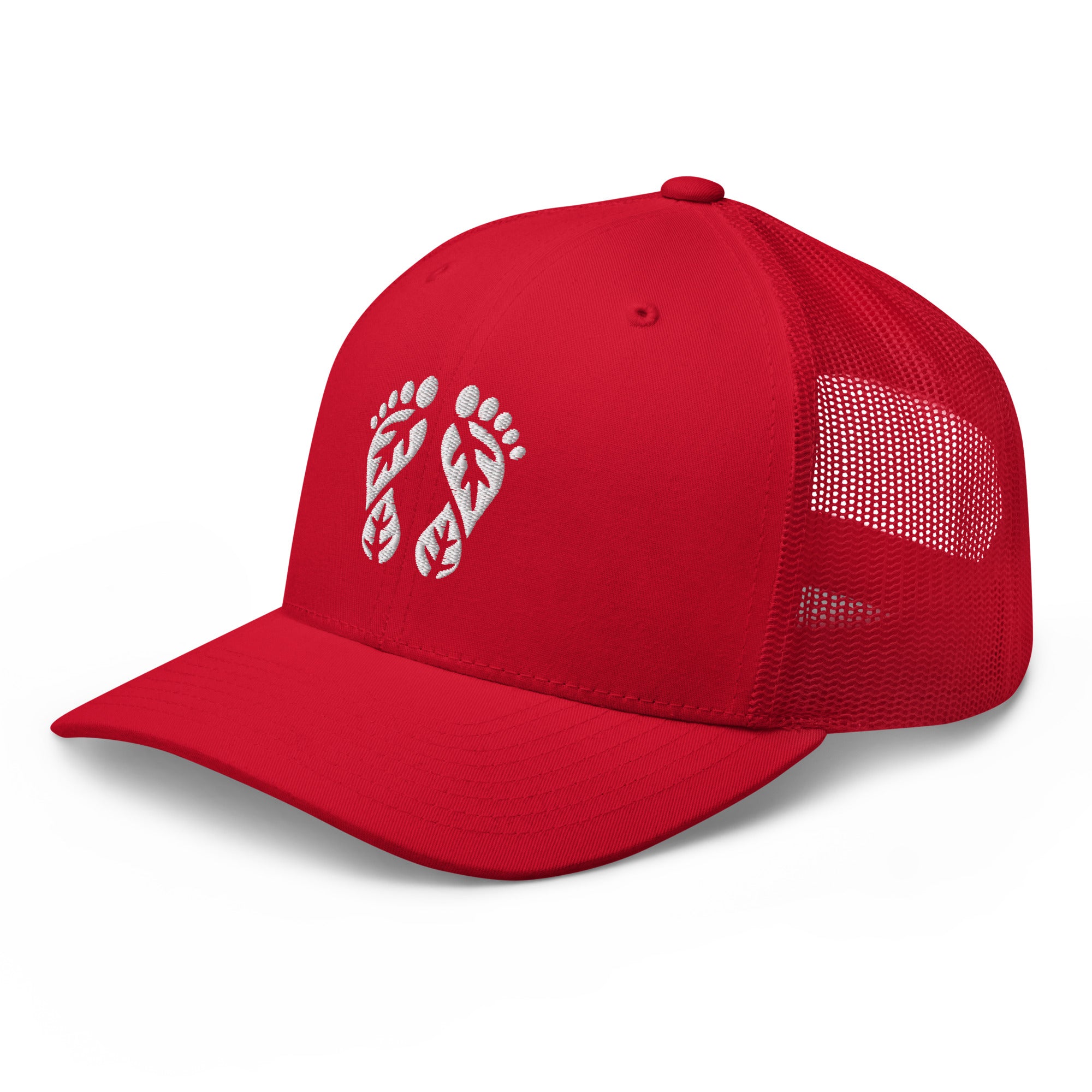 'Natura's Footprints' Red Trucker Hat: This striking Nature Trucker Hat brings energy to your look. Discover it in our collection of impactful Trucker Hats.